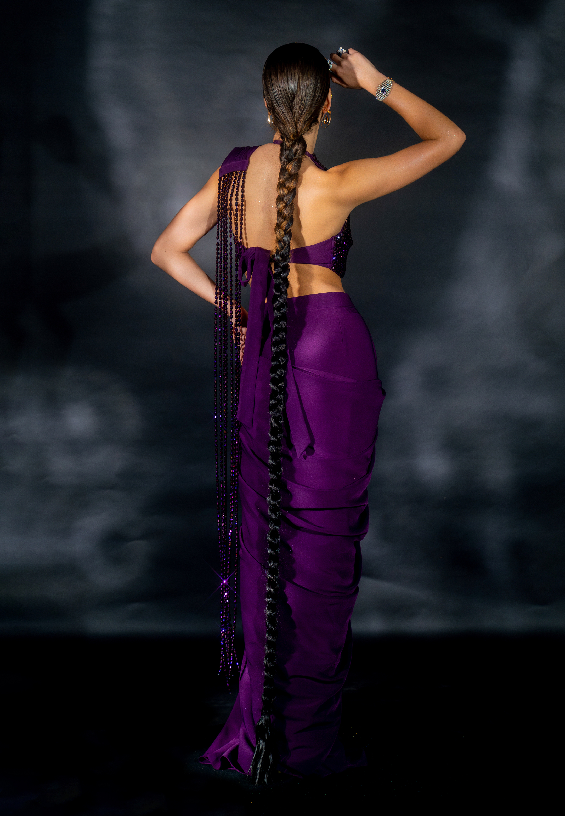 Purple Suiting Saree with Bead String Pallu and Bead Encrusted Blouse