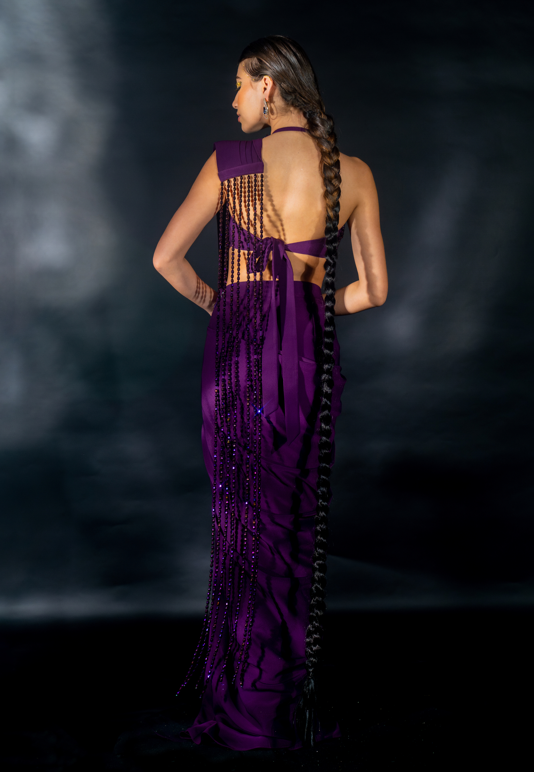 Purple Suiting Saree with Bead String Pallu and Bead Encrusted Blouse