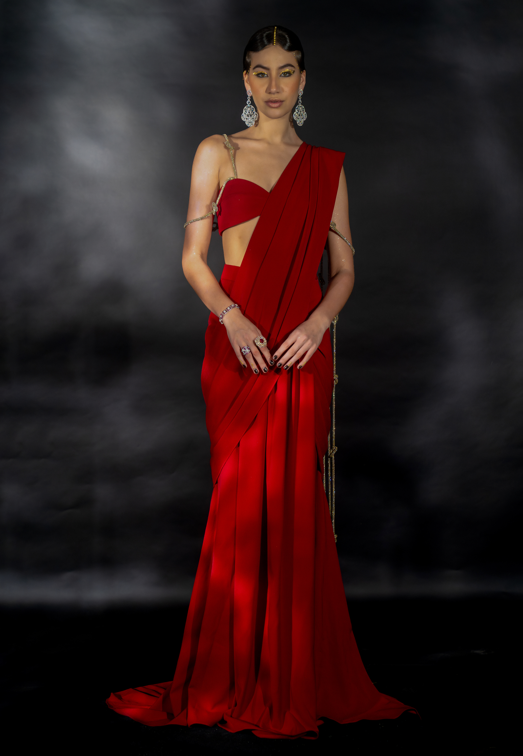 Red Lehenga Saree with Crystal Knotted String Pallu and Strap