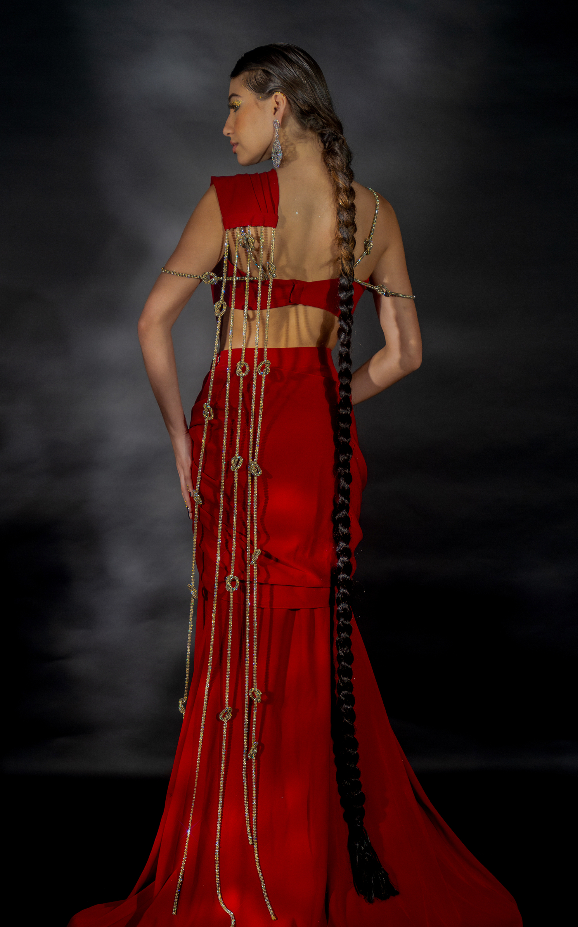 Red Lehenga Saree with Crystal Knotted String Pallu and Strap