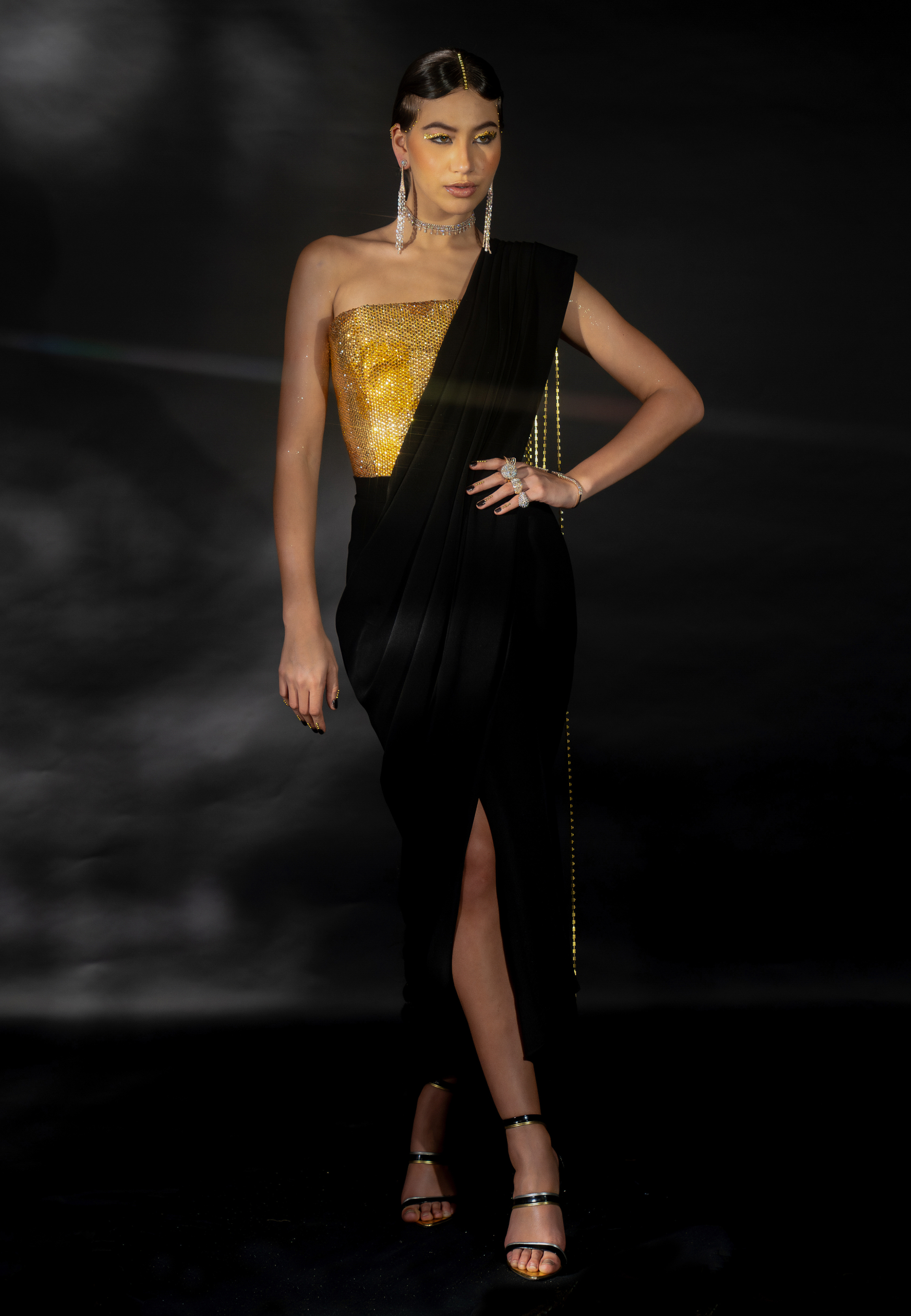Black Suiting Saree with Diamond String Pallu and Rhinestoned Blouse