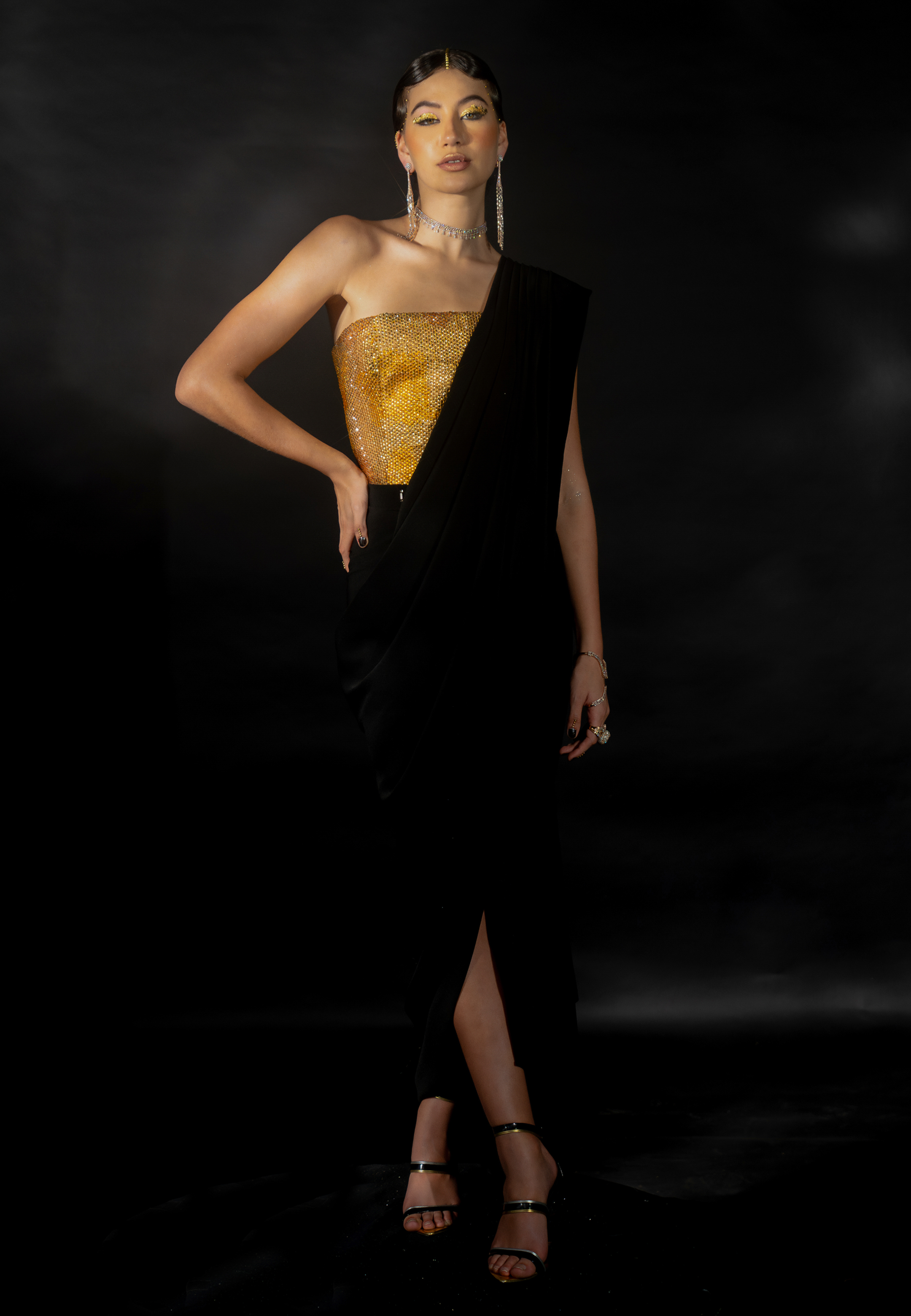 Black Suiting Saree with Diamond String Pallu and Rhinestoned Blouse