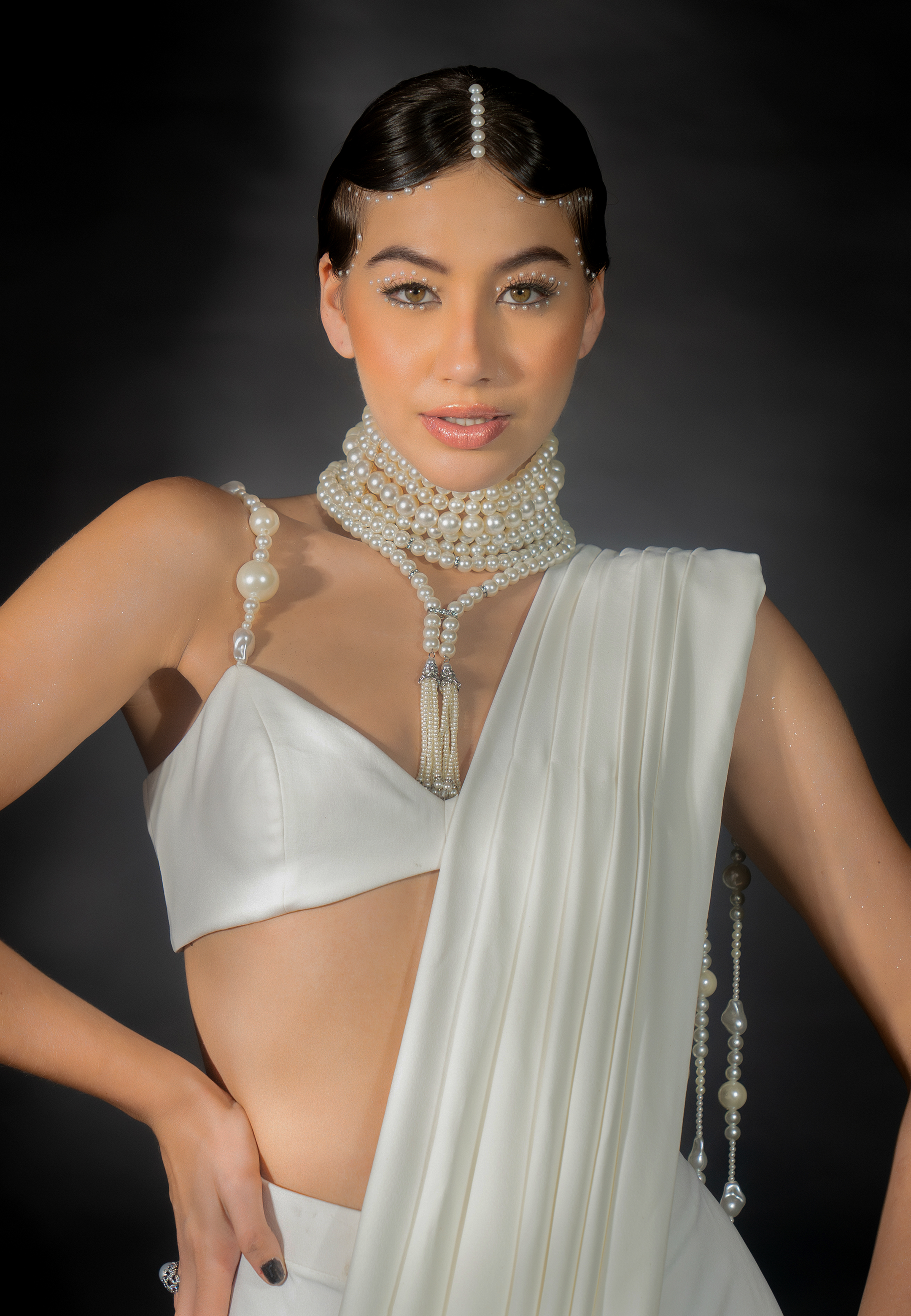 White Suiting Saree with Pearl String Pallu and Strap