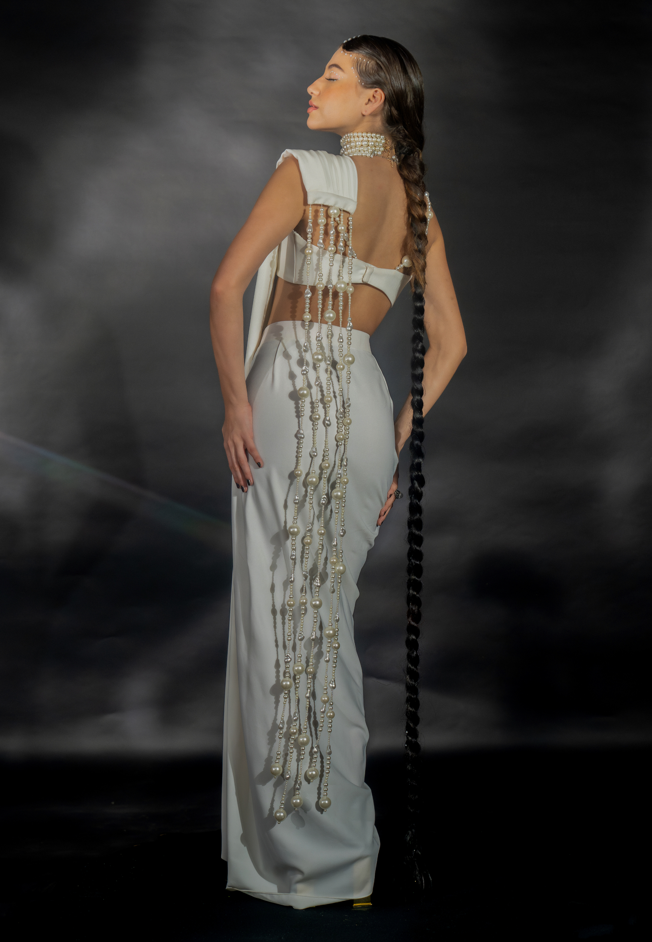 White Suiting Saree with Pearl String Pallu and Strap