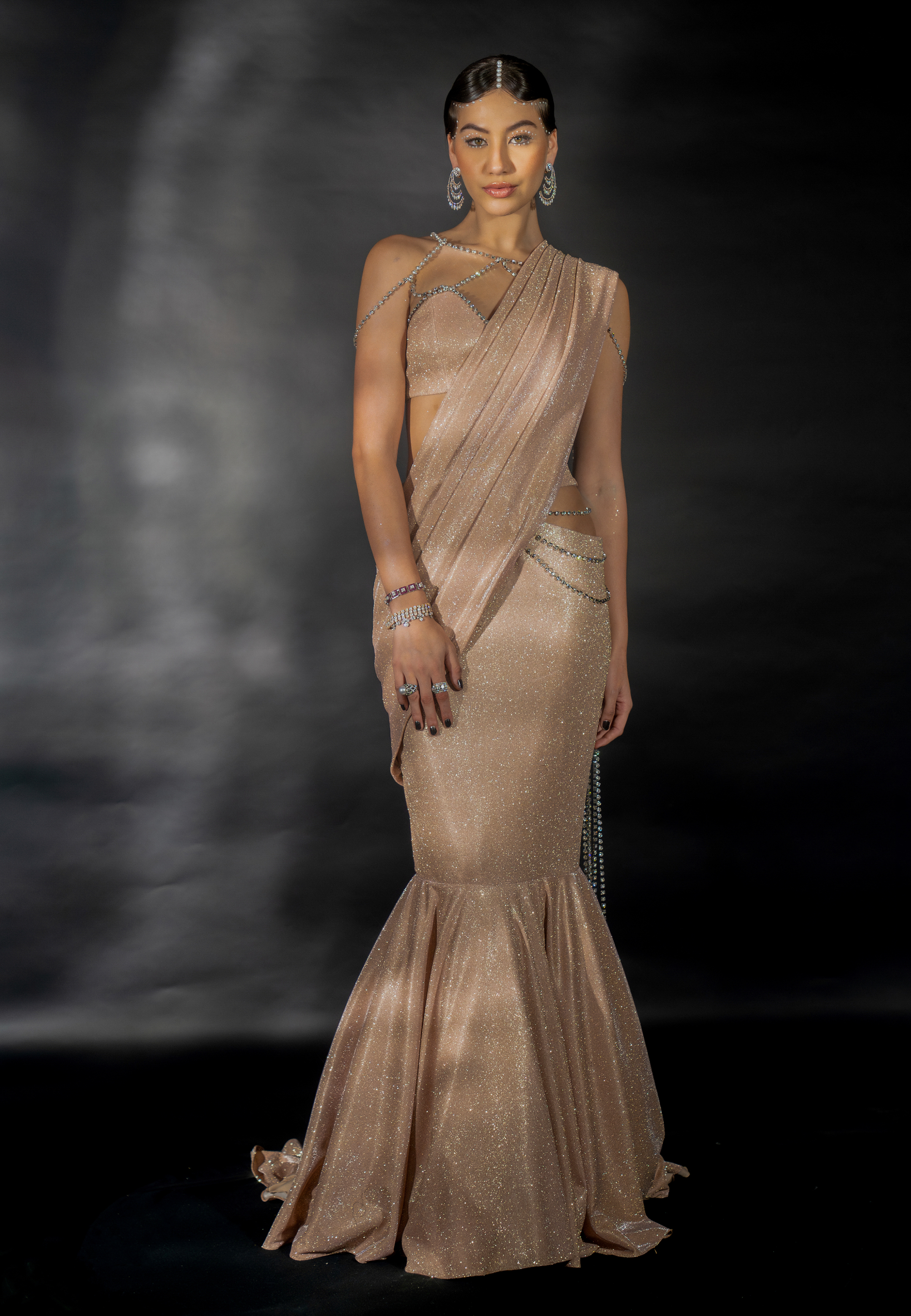 Rose Gold Shimmer Lehenga Saree with Diamond Chain Pallu and Strap