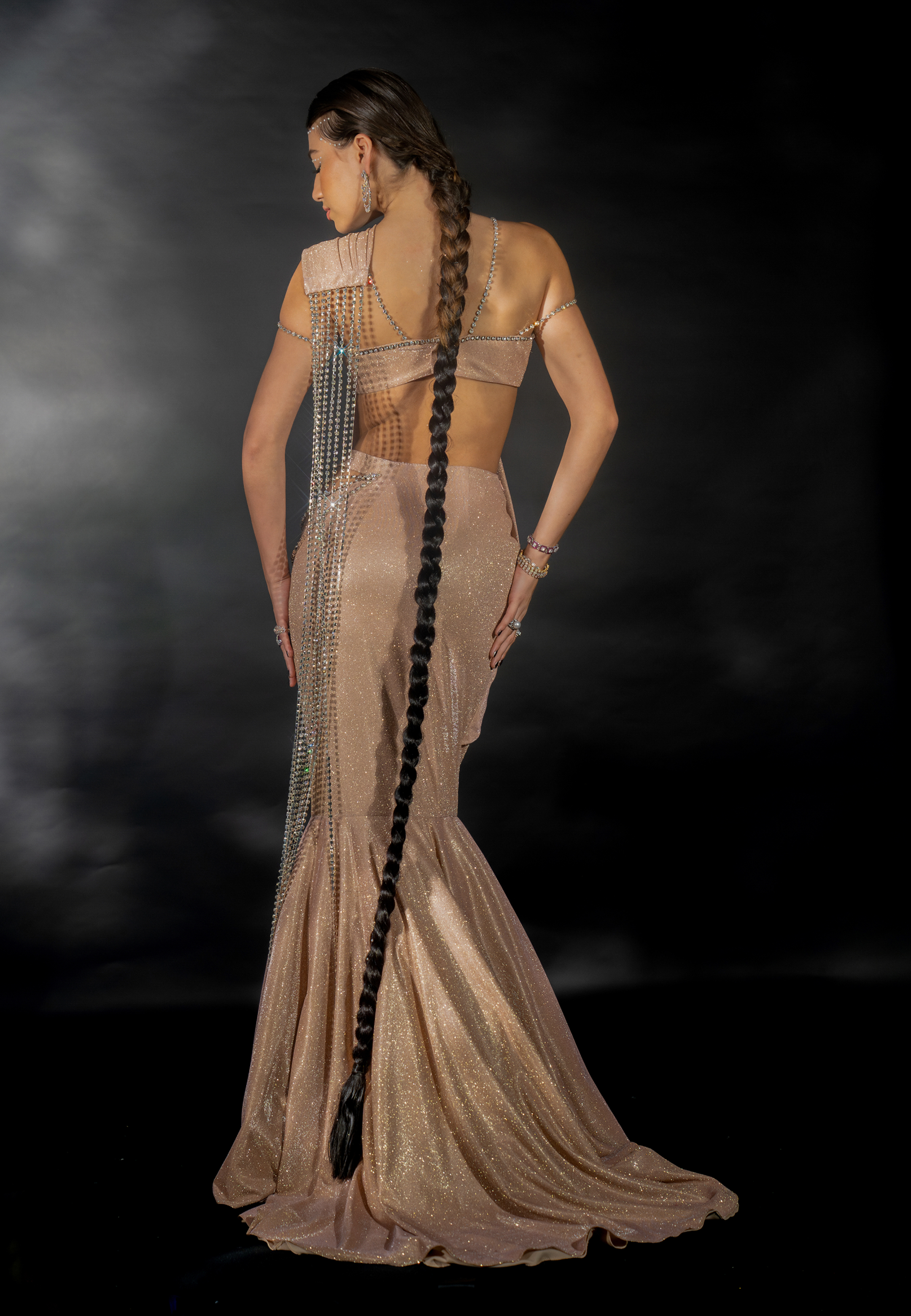 Rose Gold Shimmer Lehenga Saree with Diamond Chain Pallu and Strap