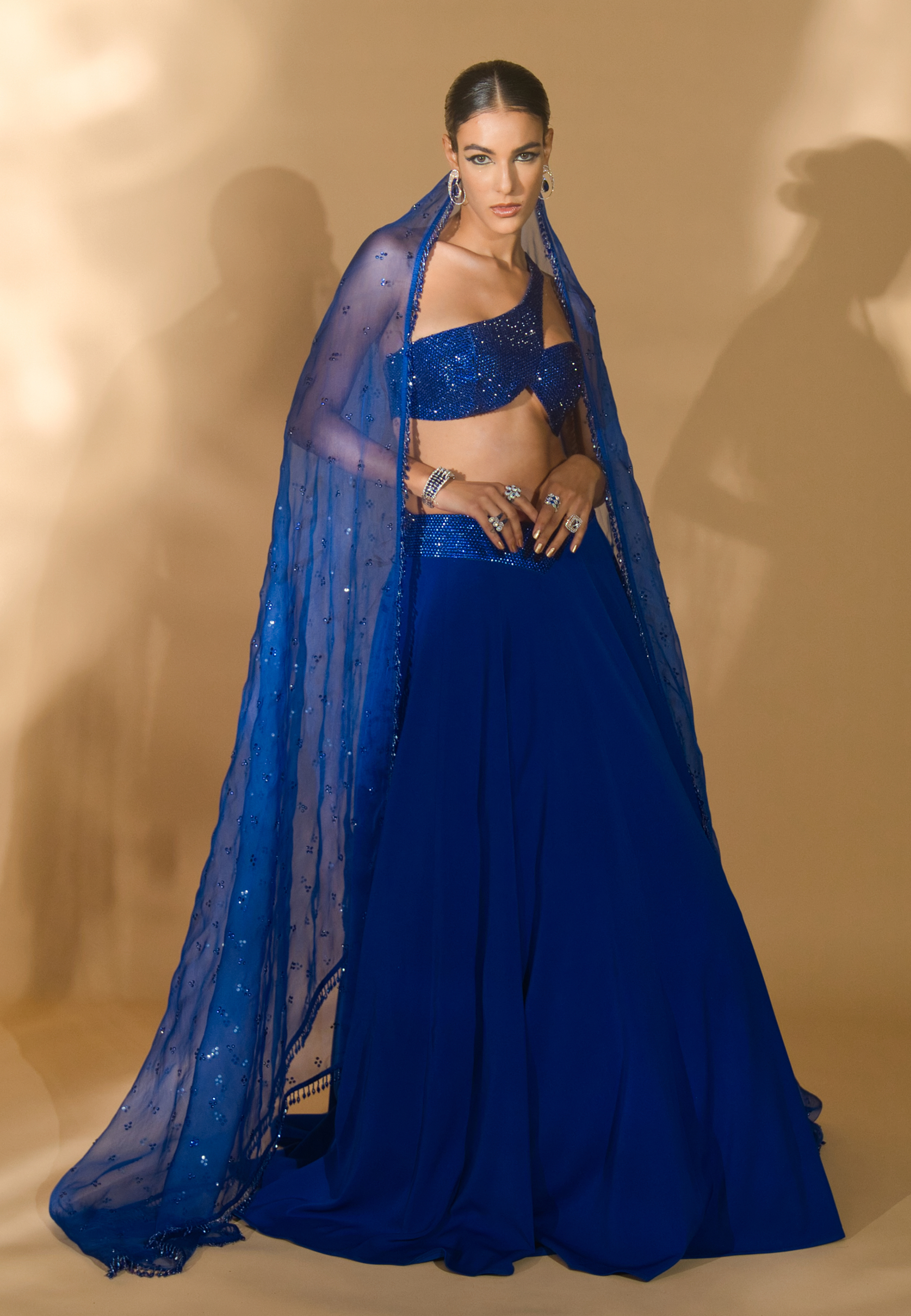 Rhinestone Encrusted Cross Blouse with Lehenga and Organza Dupatta