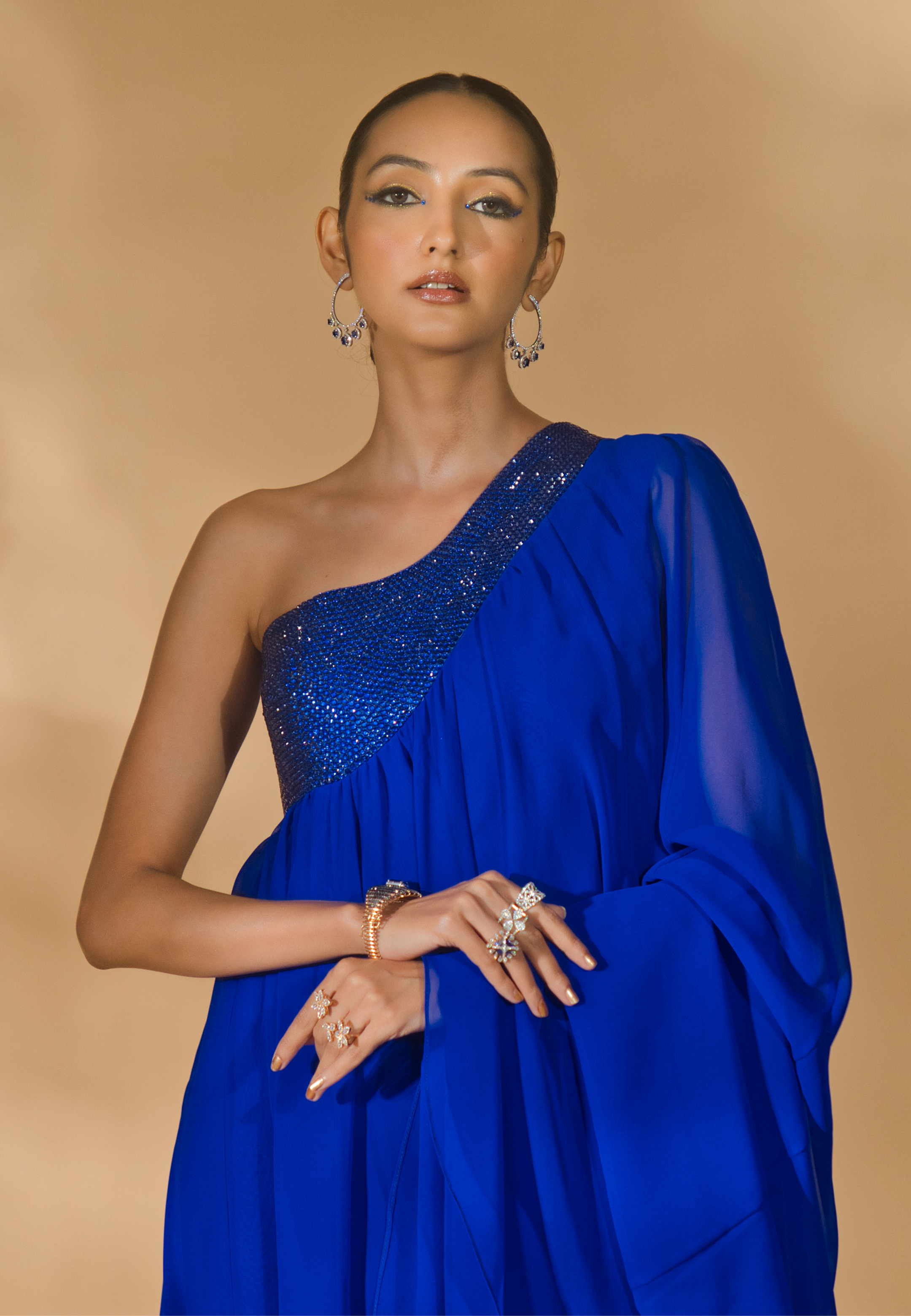 One Shoulder Kaftan with Rhinestoned Bodice