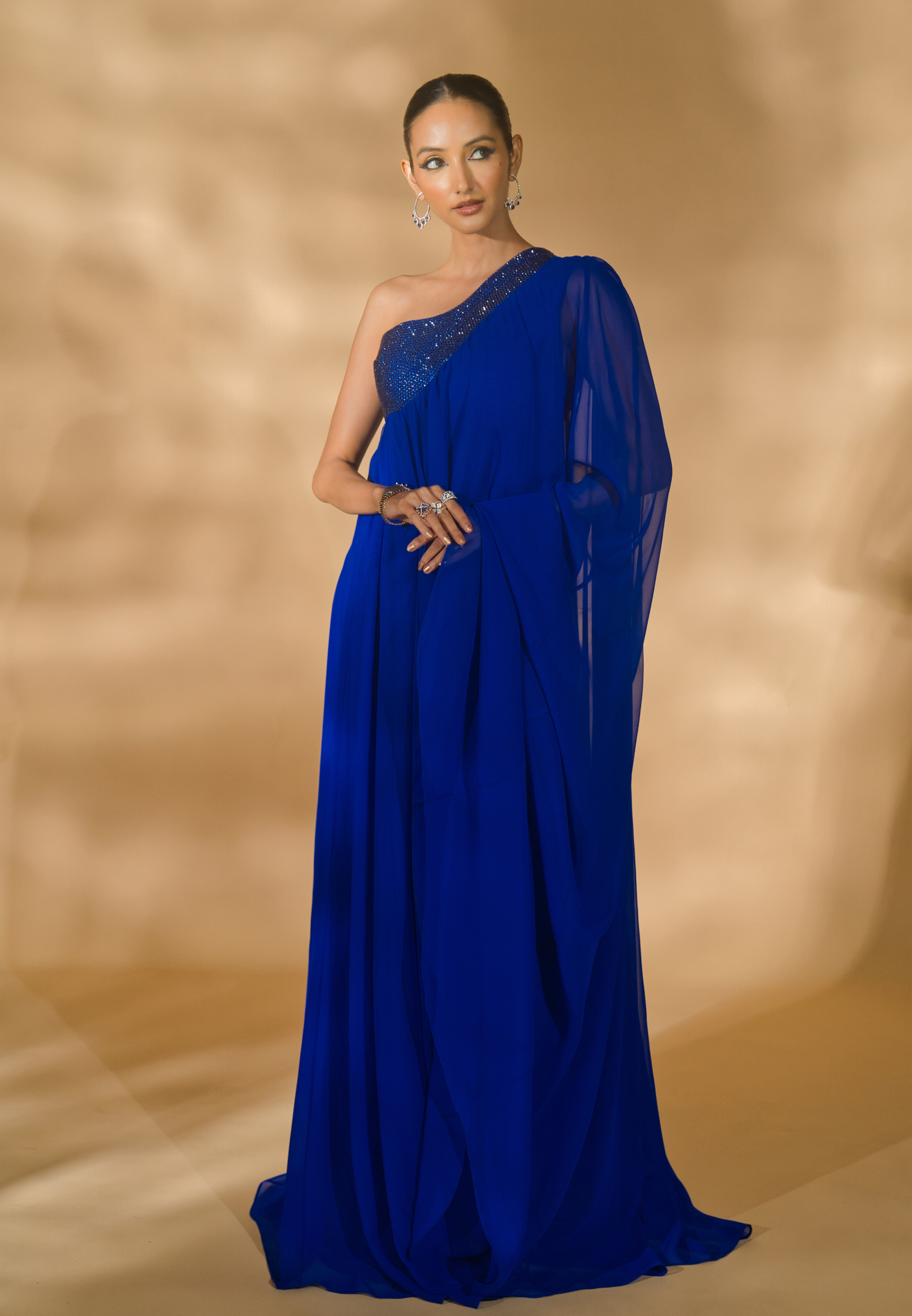 One Shoulder Kaftan with Rhinestoned Bodice