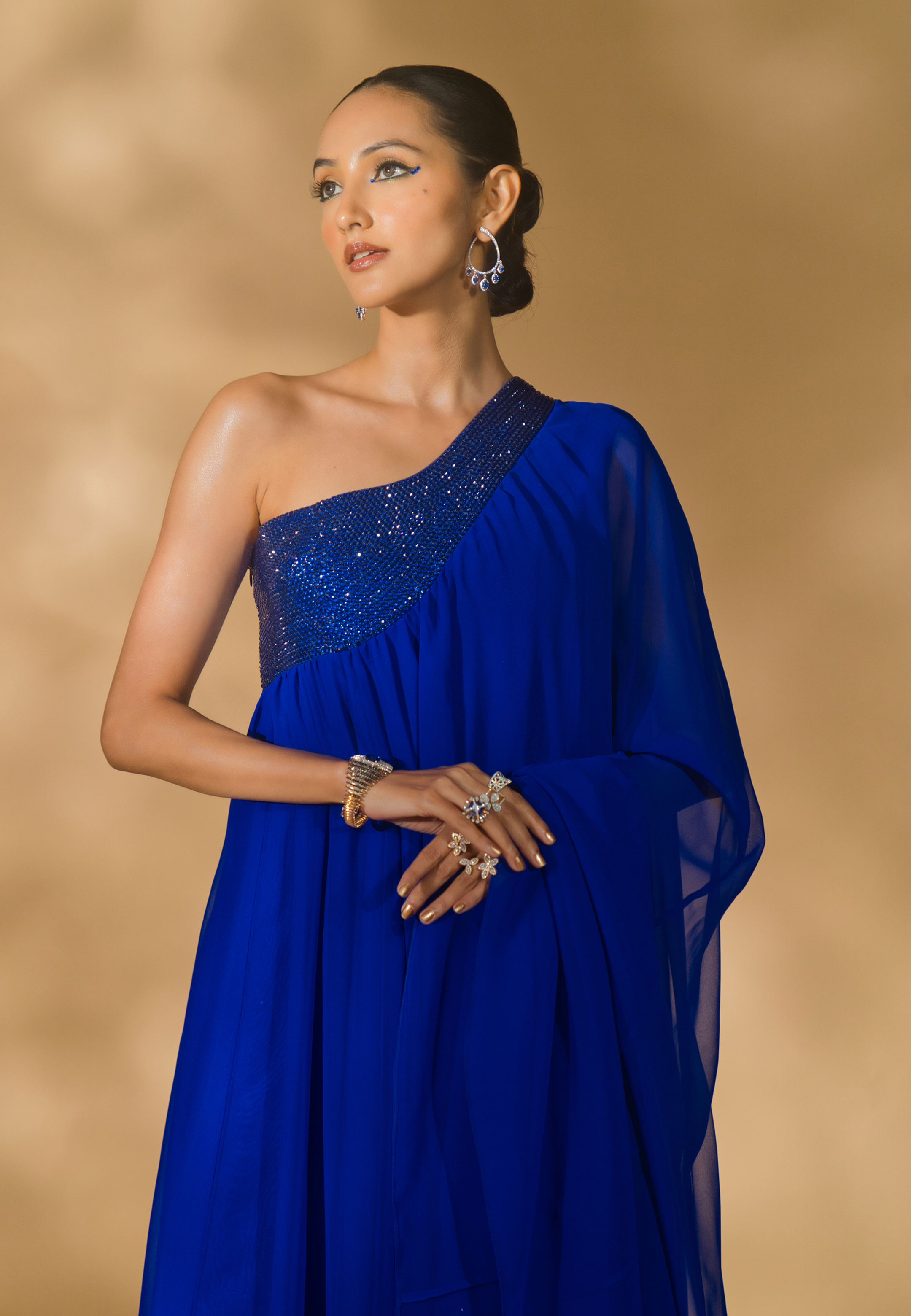 One Shoulder Kaftan with Rhinestoned Bodice