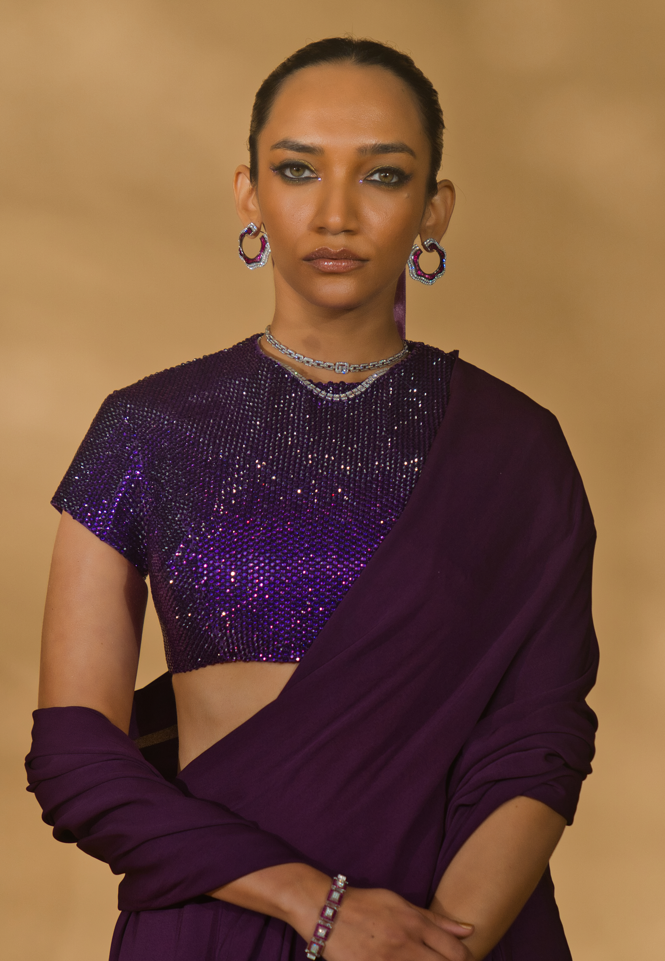 Rhinestone Encrusted Blouse with Pre-Stitched Double Georgette Saree (NT23-017)