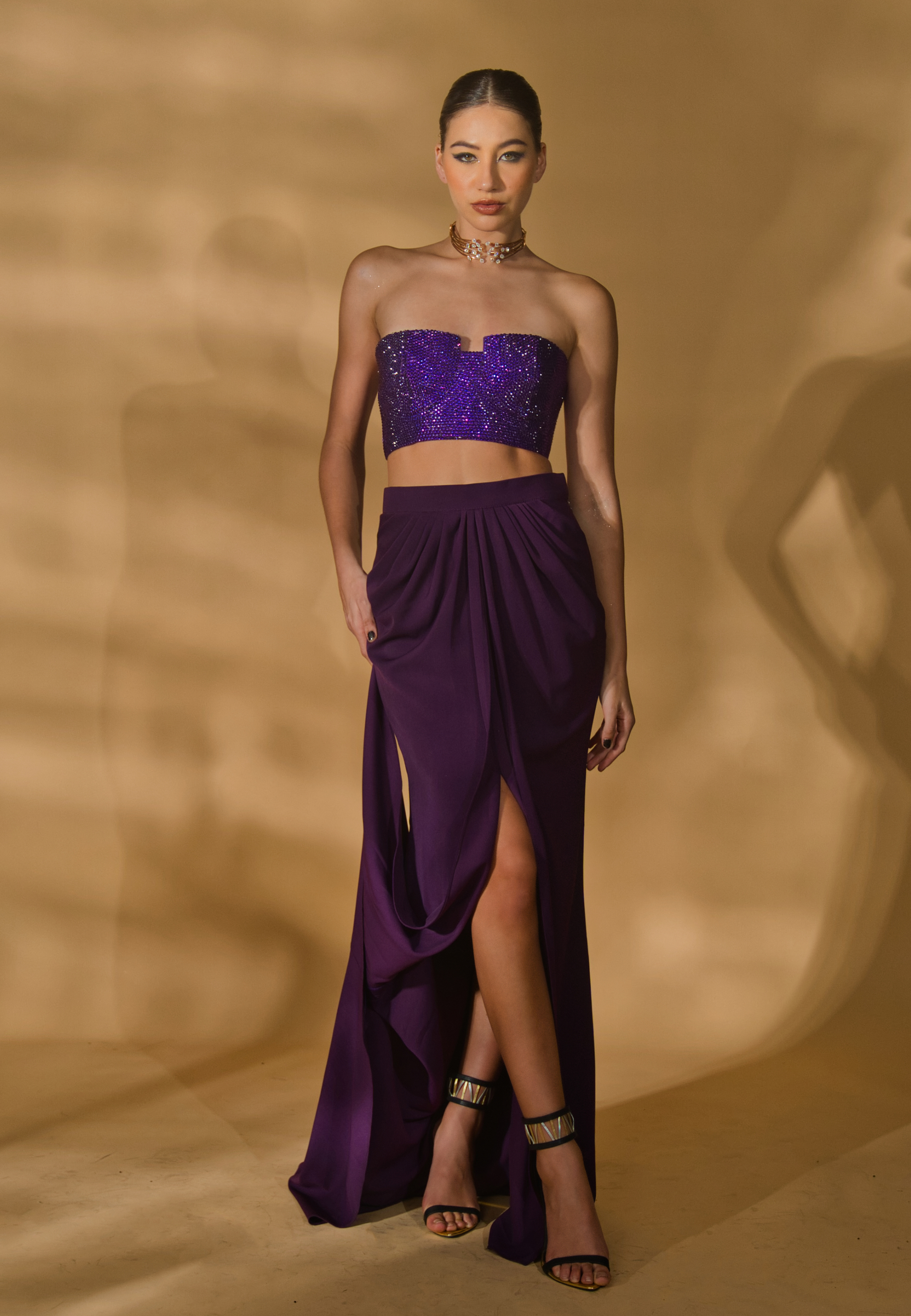 Rhinestone Encrusted Bralet with Draped Skirt