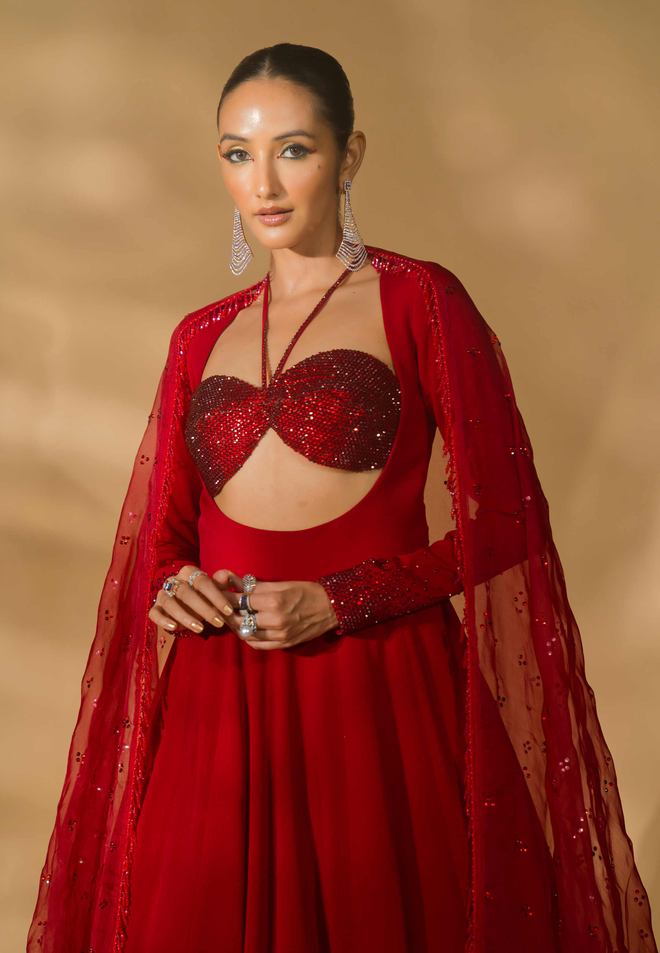 Rhinestone Encrusted Bralet with Wide Neck Anarkali and Organza Dupatta