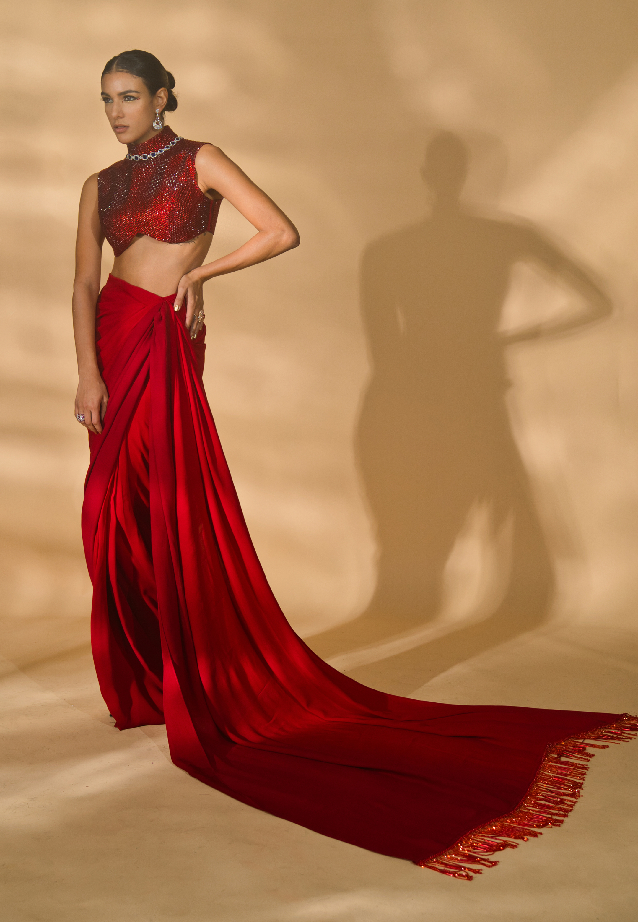 Rhinestone Encrusted Blouse with Pre-Stitched Double Georgette Saree (NT23-021)