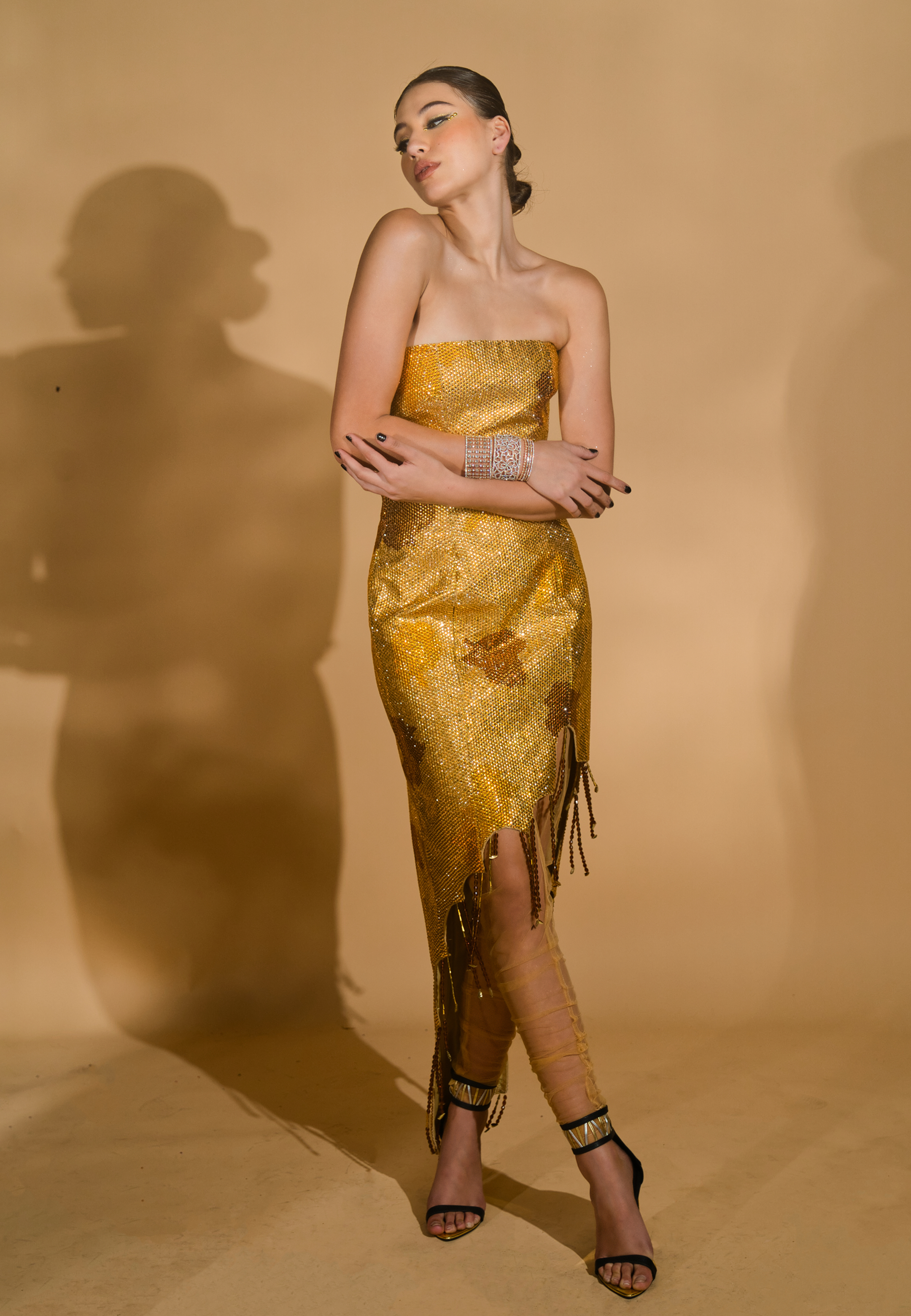Rhinestone Encrusted Tube Kurta with Net Churidaar
