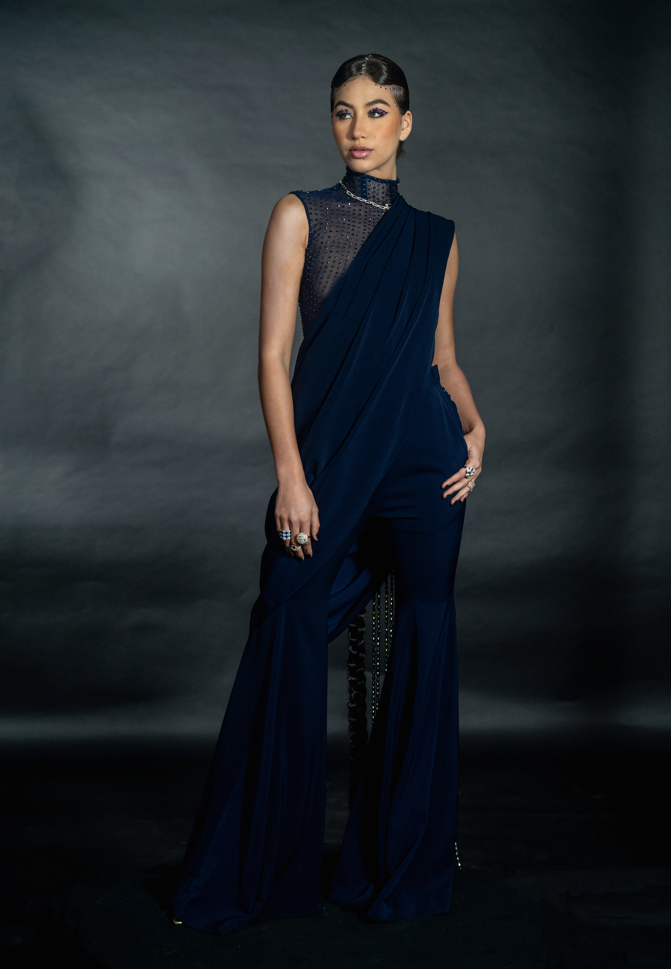 Navy Blue Pant Saree with Holographic Bead String Pallu and Rhinestoned Bodysuit