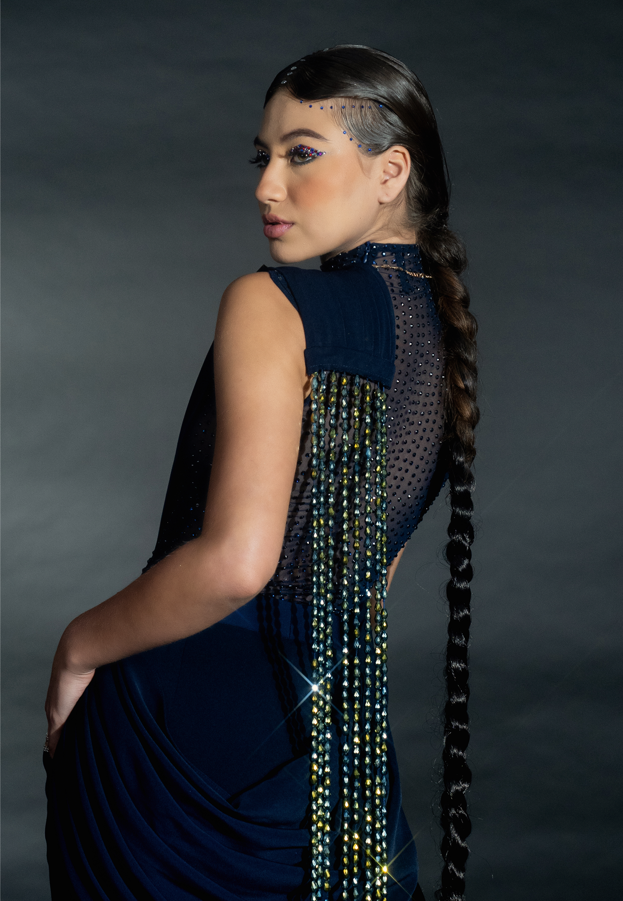 Navy Blue Pant Saree with Holographic Bead String Pallu and Rhinestoned Bodysuit