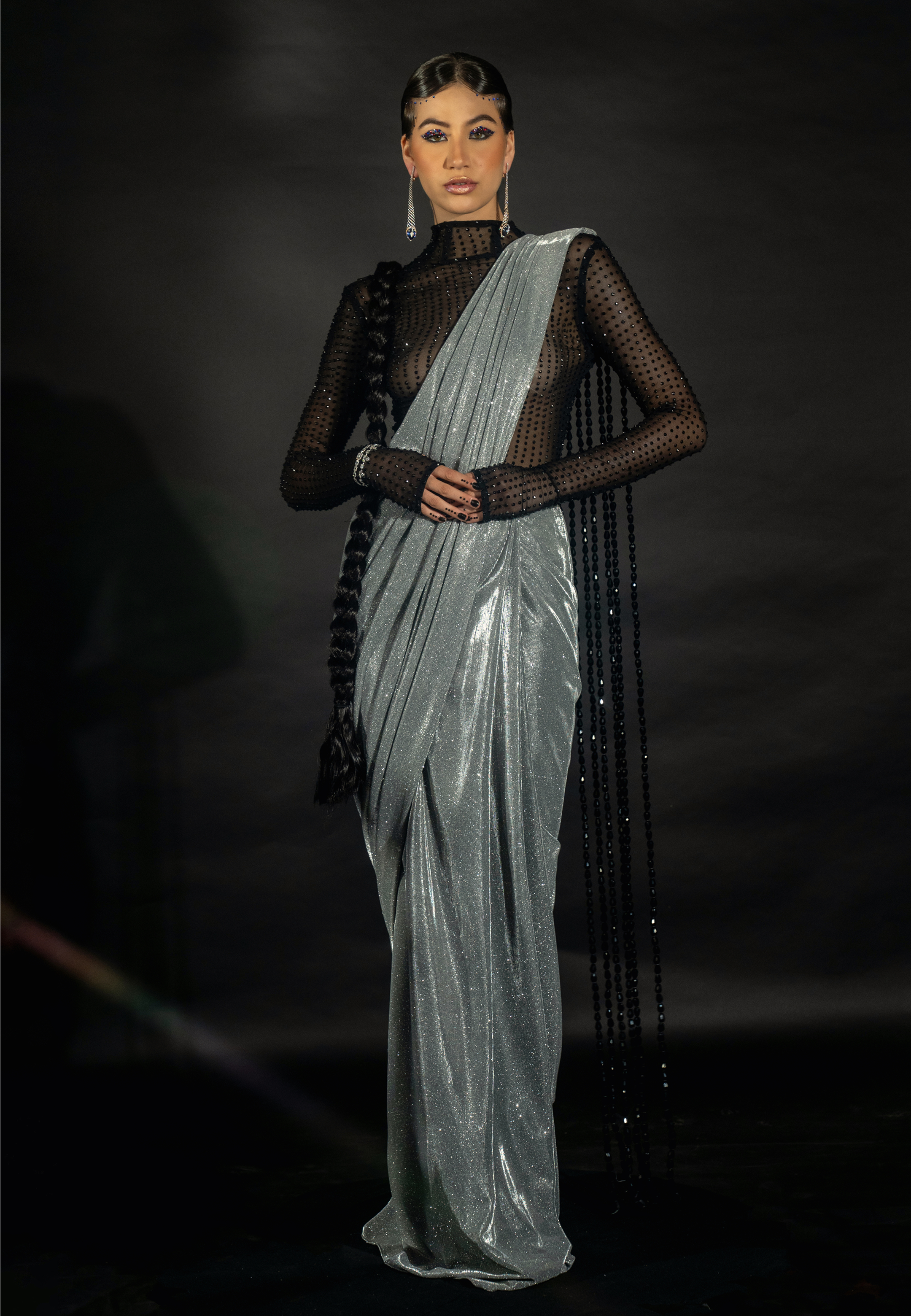 Silver Shimmer Saree with Bead String Pallu and Rhinestoned Bodysuit