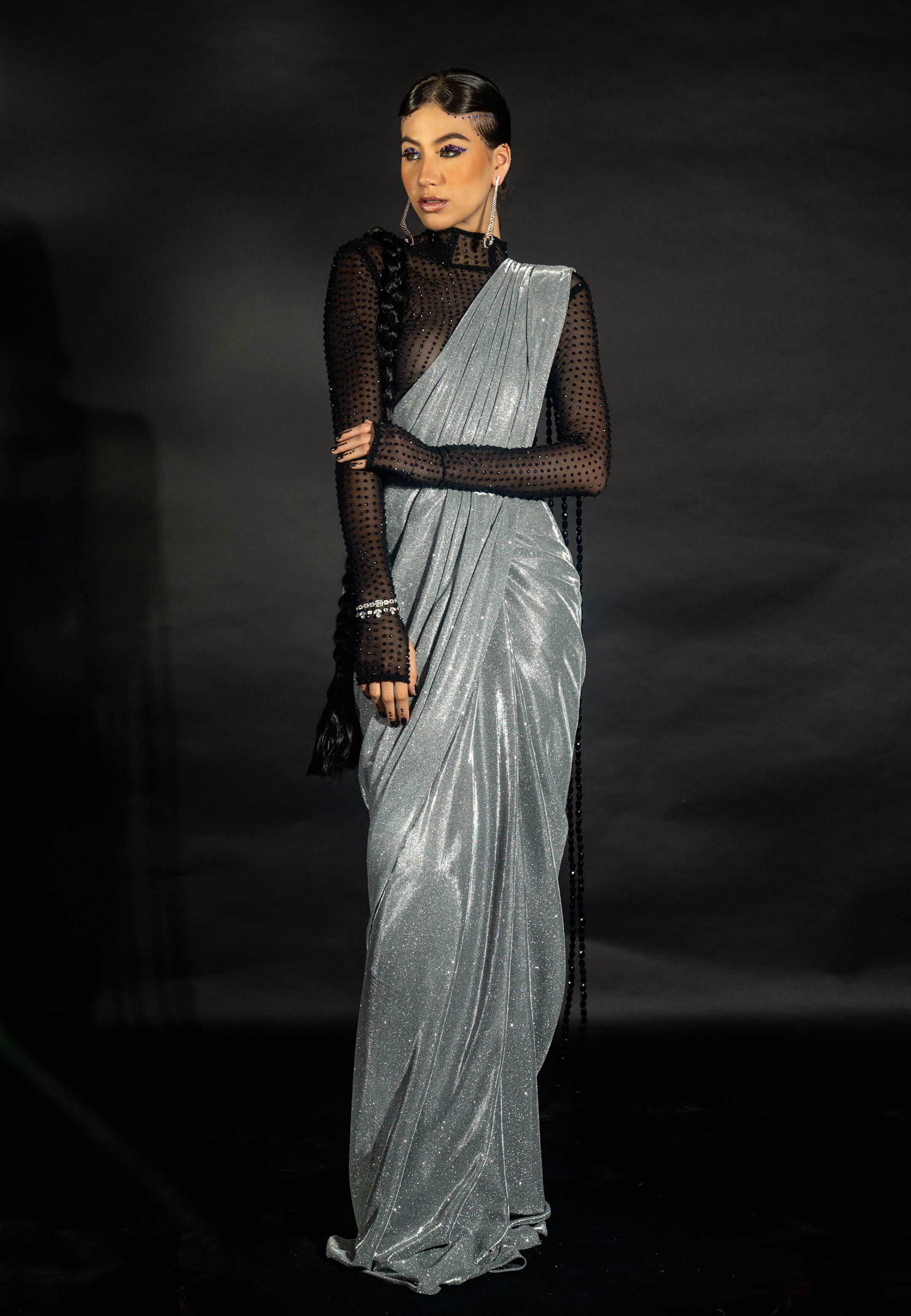 Silver Shimmer Saree with Bead String Pallu and Rhinestoned Bodysuit