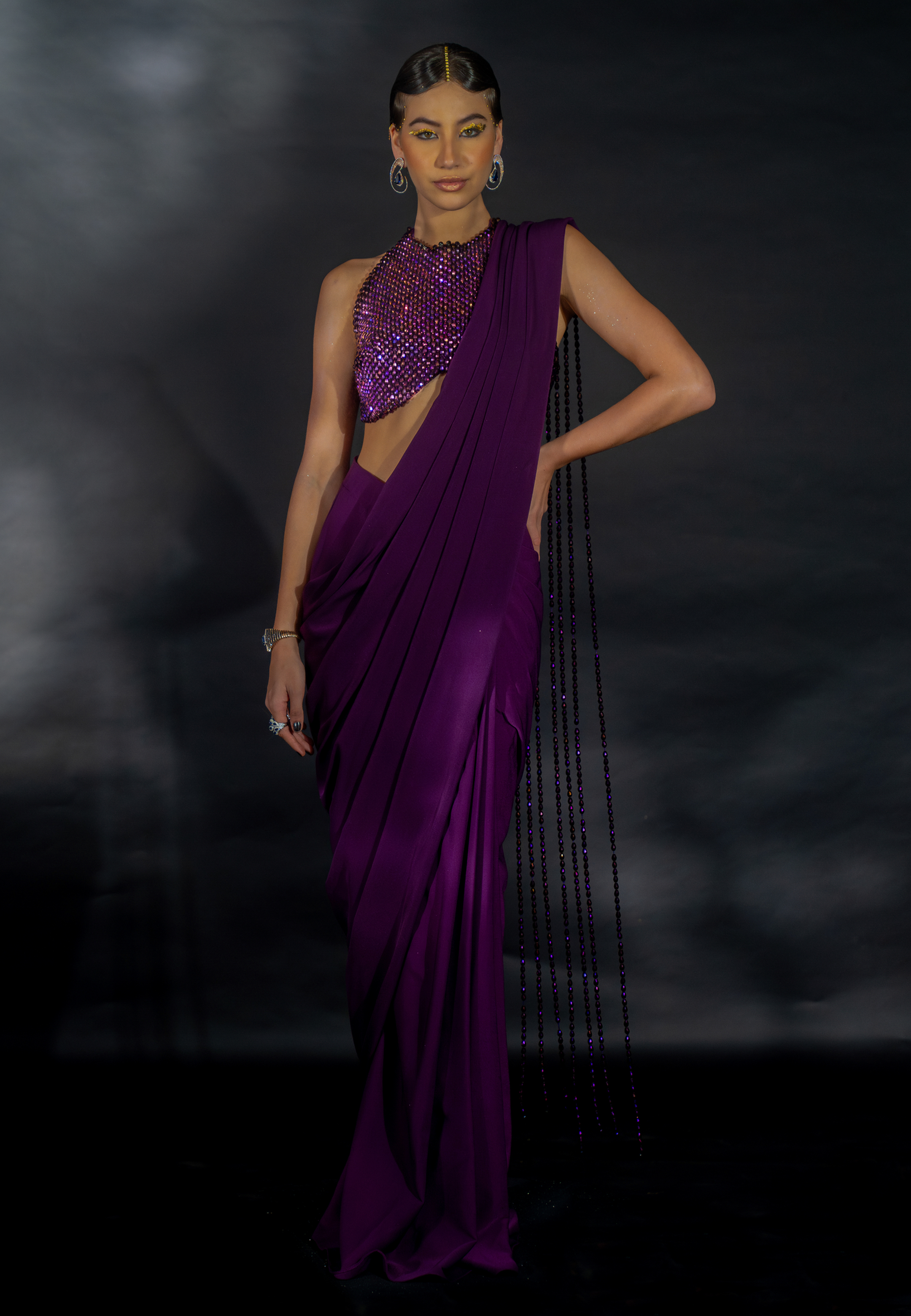 Purple Suiting Saree with Bead String Pallu and Bead Encrusted Blouse