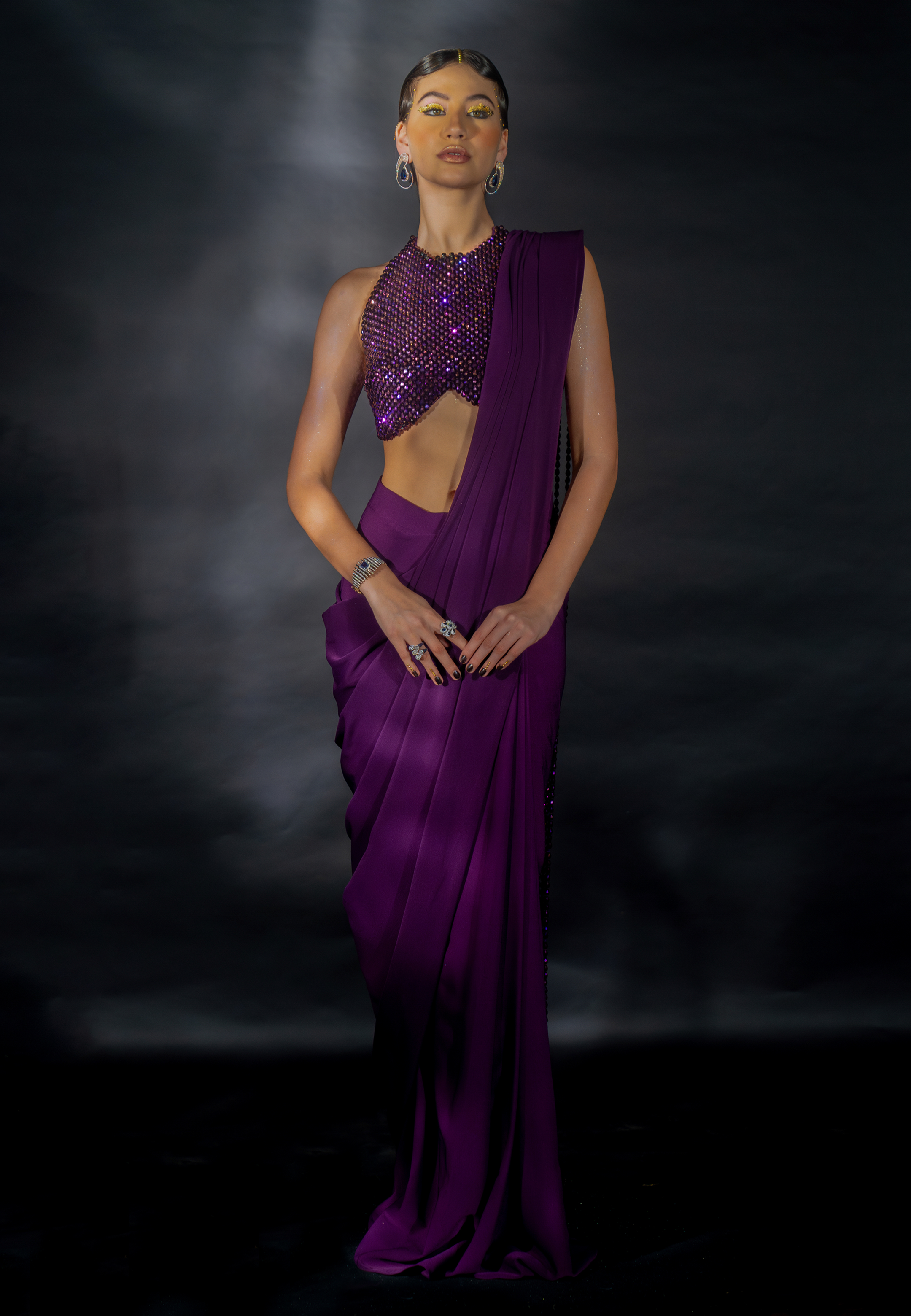 Purple Suiting Saree with Bead String Pallu and Bead Encrusted Blouse