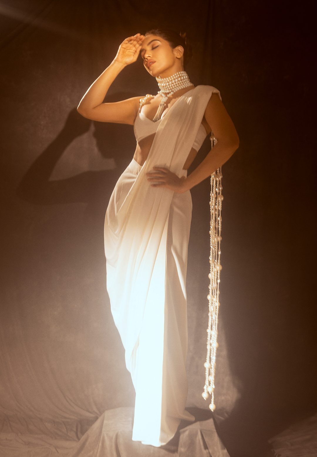 Pre-Stitched White Draped Saree with Pearl String Pallu