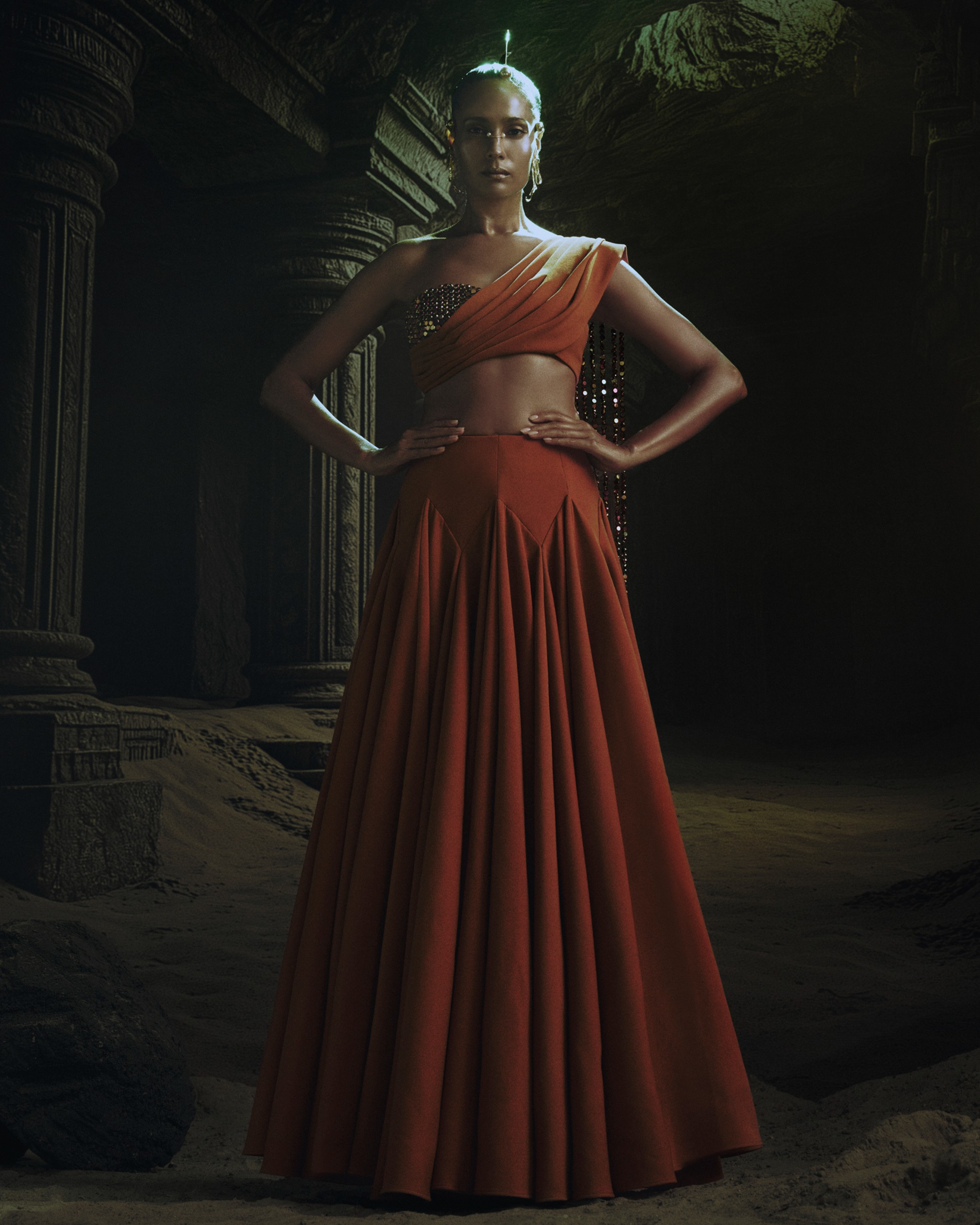 Rust Draped Dupatta Blouse + Godet Lehenga