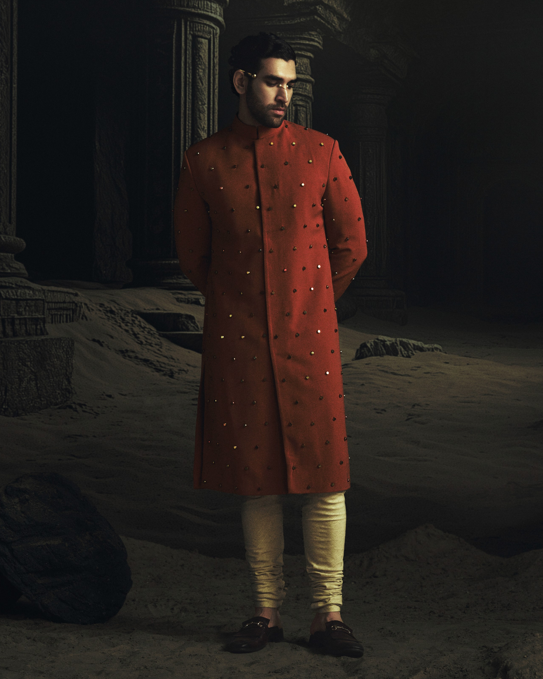 Rust Polka Metallic Bead Embroidered Sherwani Set