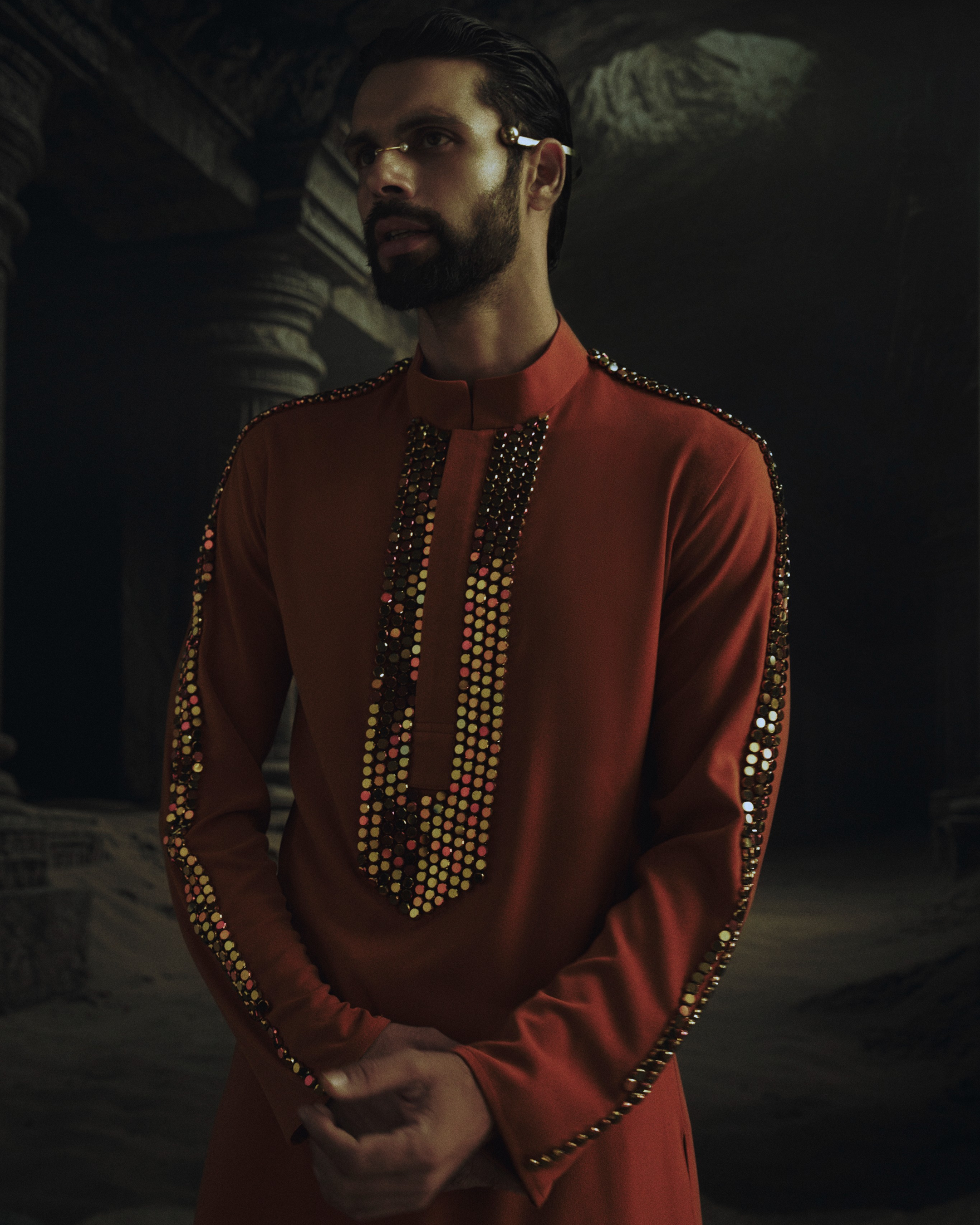 Rust Metallic Bead Embroidered Kurta + Churidaar