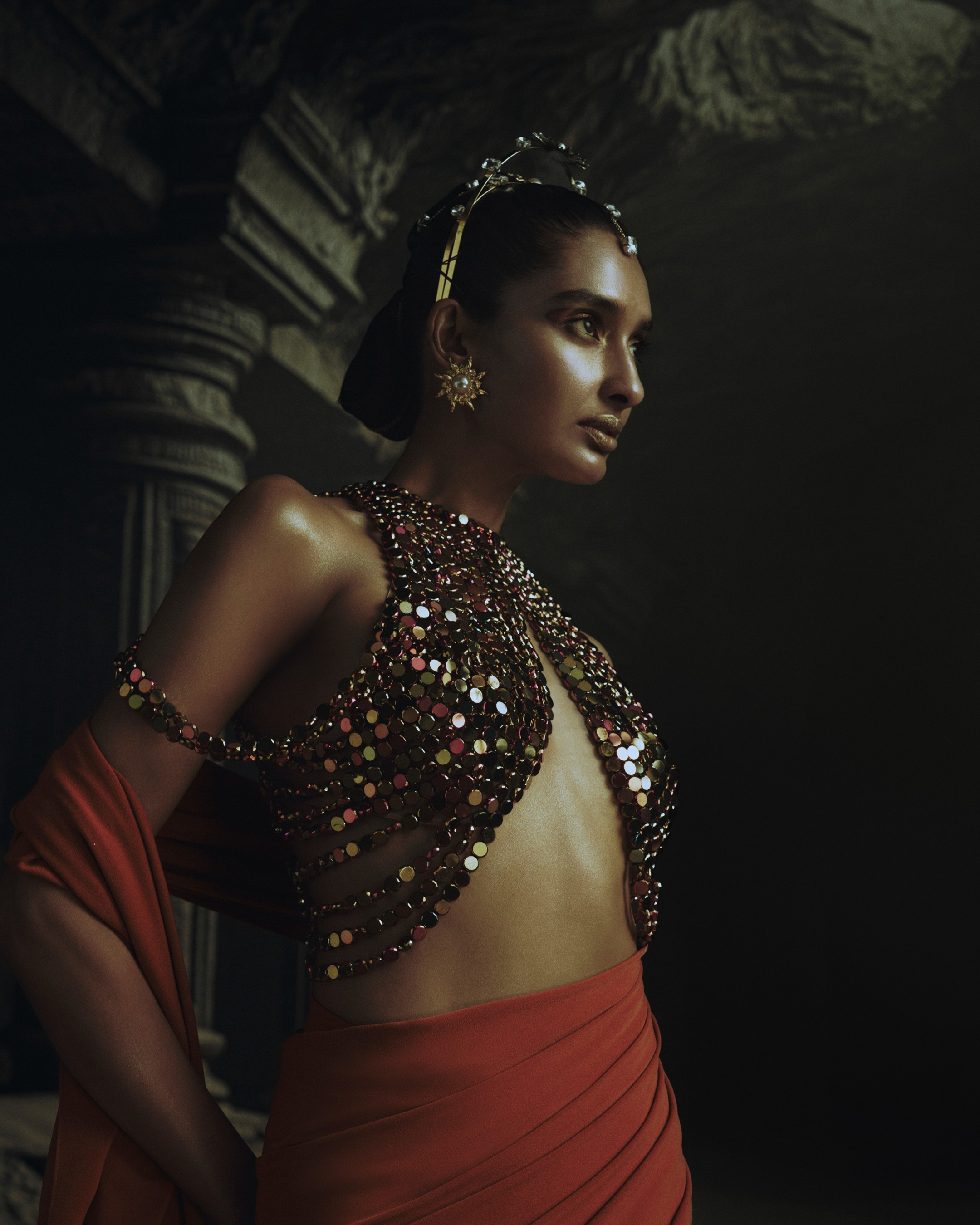 Rust Prestitched Saree with Metallic Bead Blouse