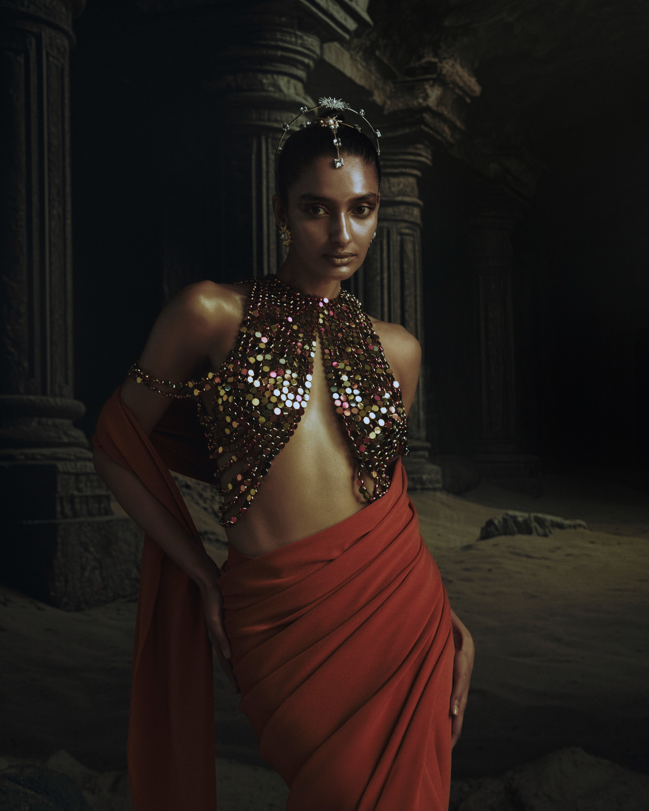 Rust Prestitched Saree with Metallic Bead Blouse