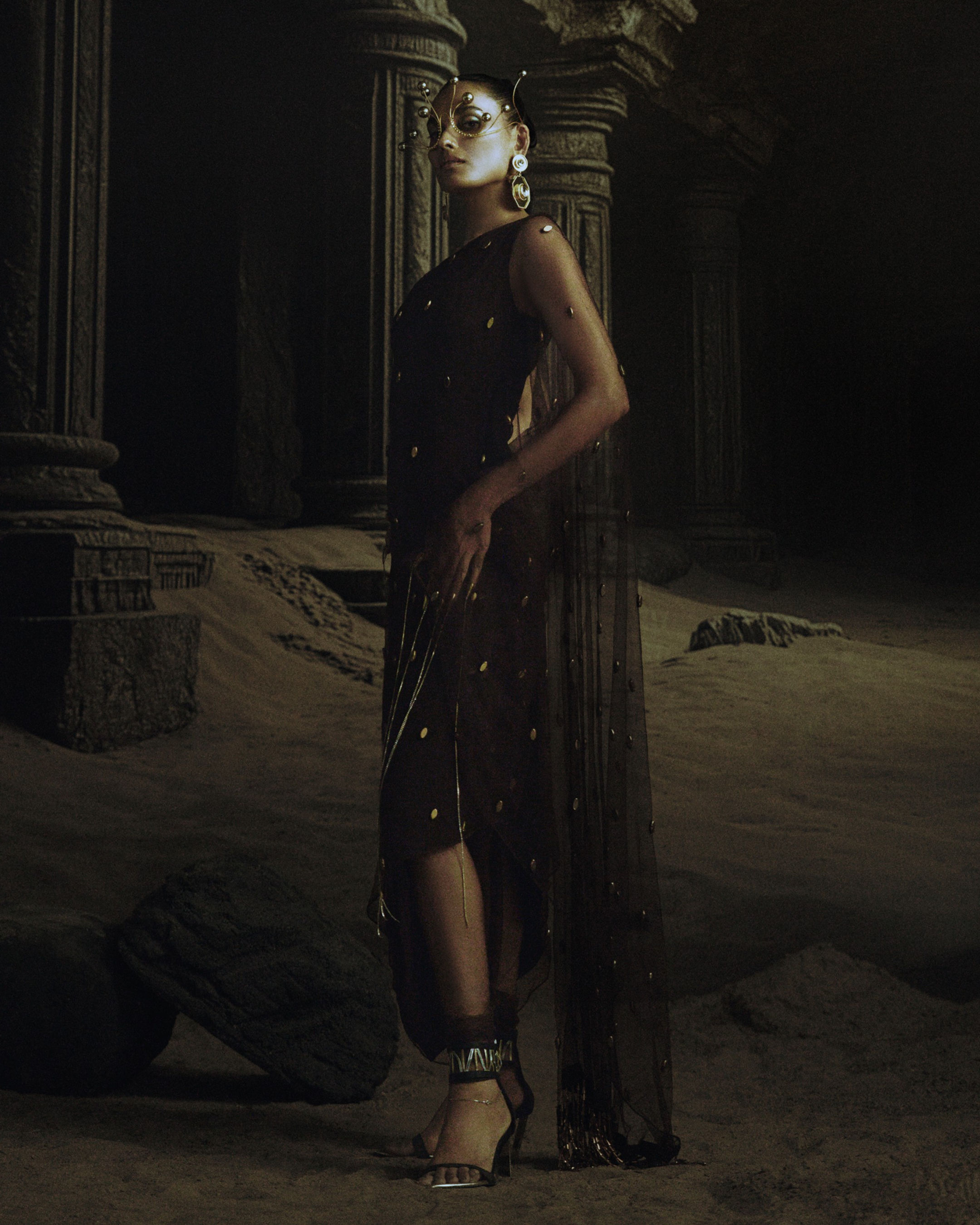 Brown Polka Metallic Bead Embroidered Kaftan Saree + Churidaar