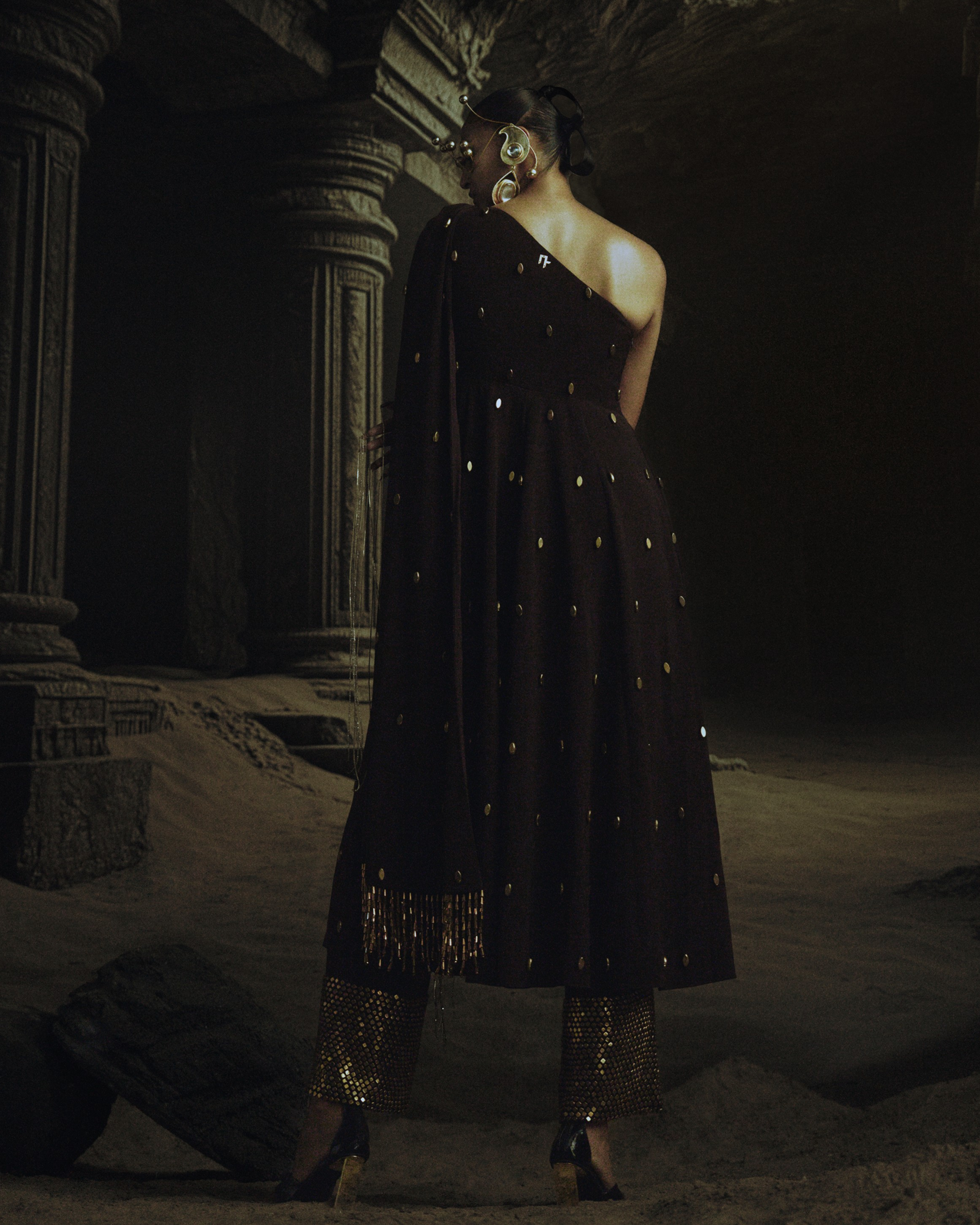 Brown One Shoulder Anarkali with Drape + Metallic Stud Pants