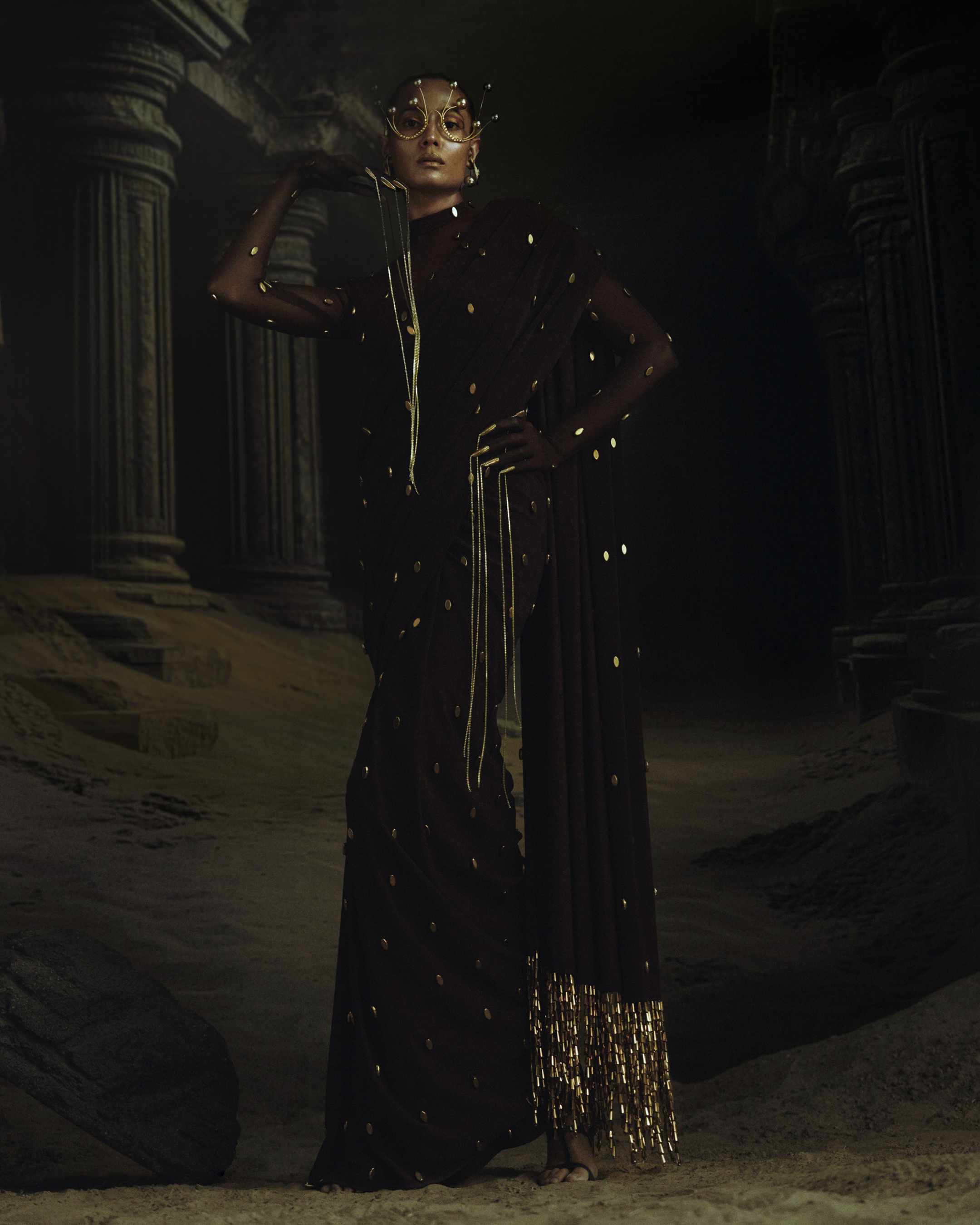 Brown Polka Bead Prestitched Saree + Body Suit Blouse