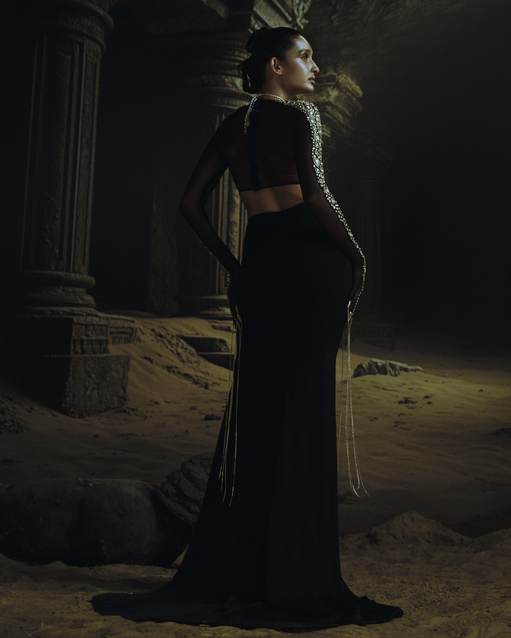 Black Kundan Haath Phool Glove Sleeve Blouse + Drape Skirt