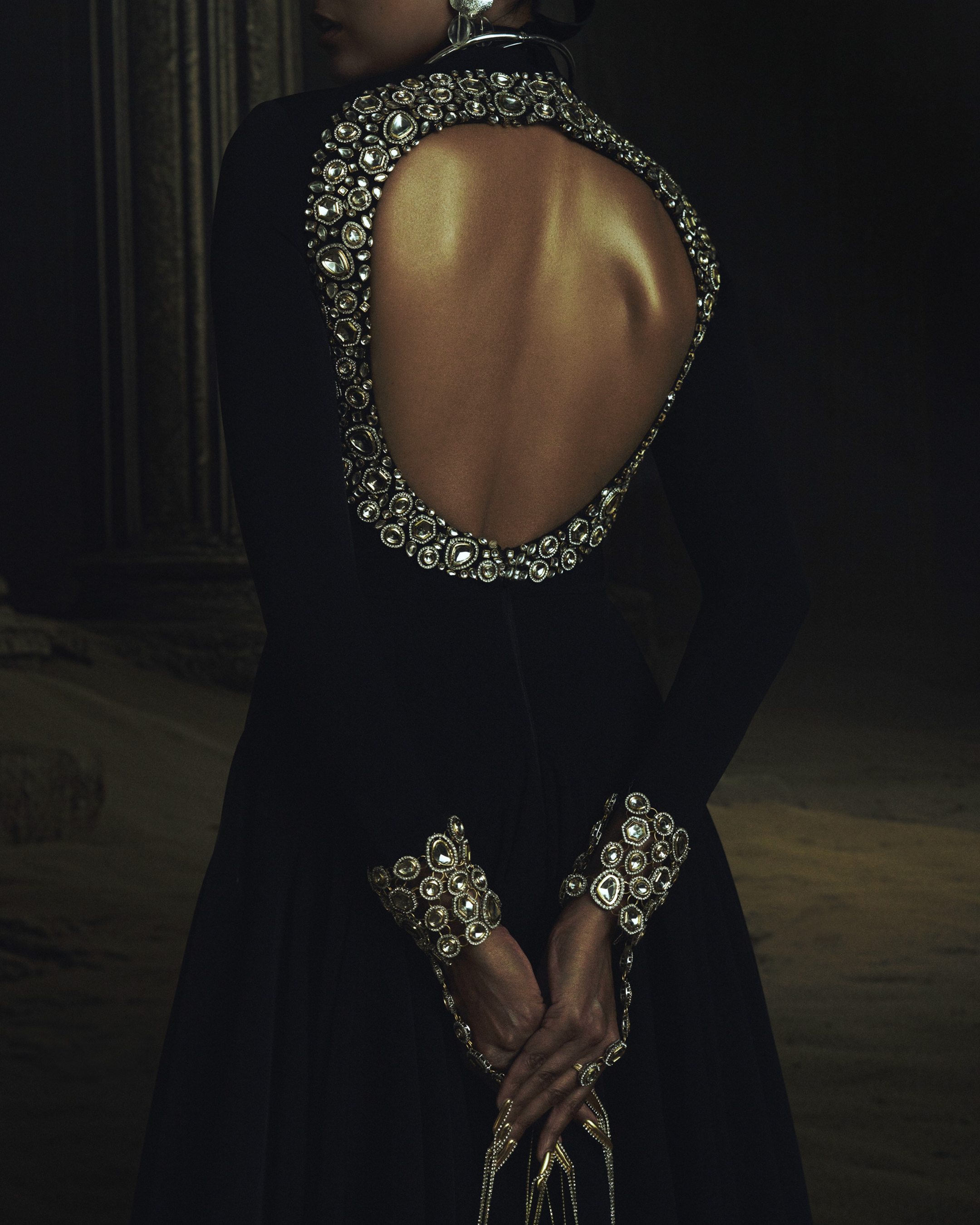Black Back Open Kundan Anarkali Set