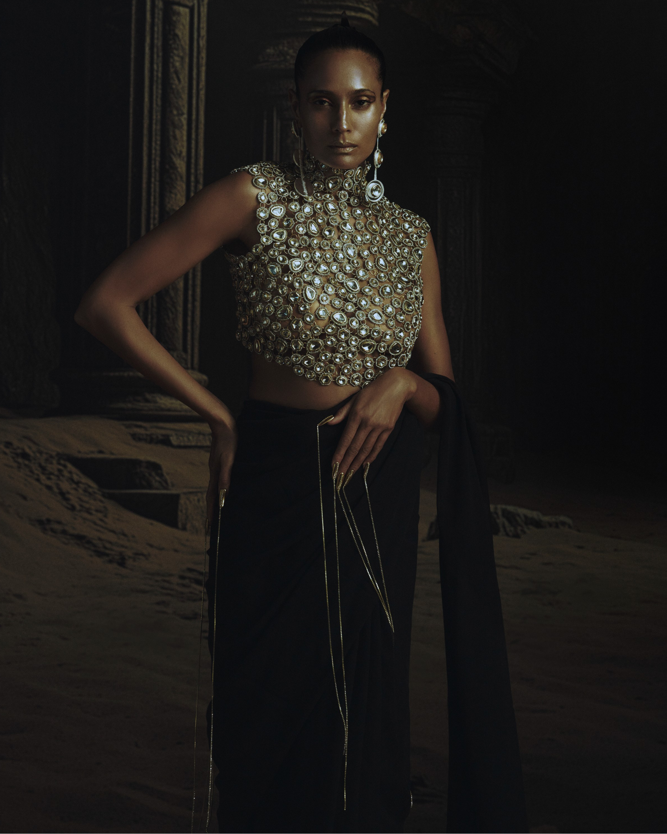 Black Bejeweled Kundan Blouse + Prestitched Saree