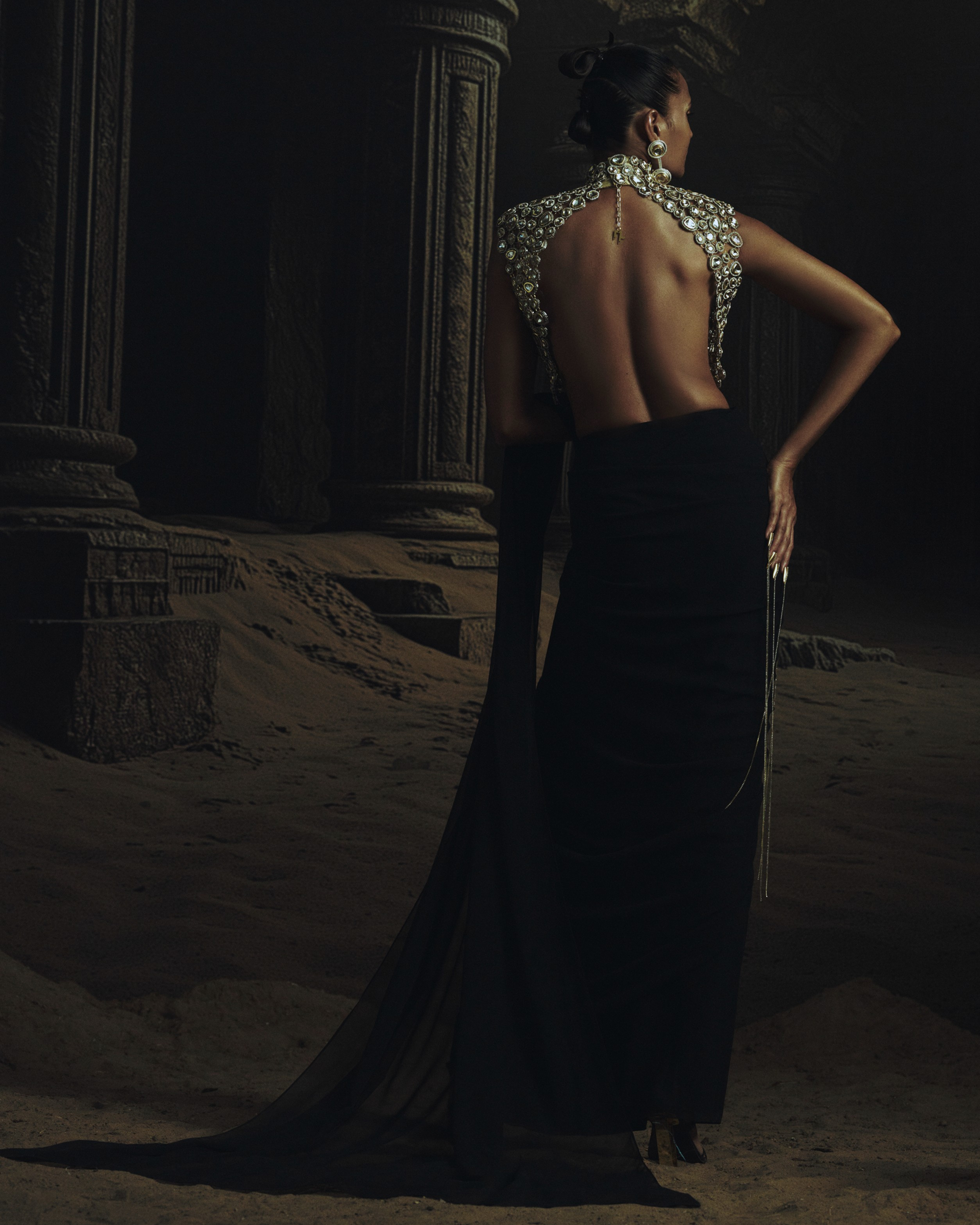 Black Bejeweled Kundan Blouse + Prestitched Saree