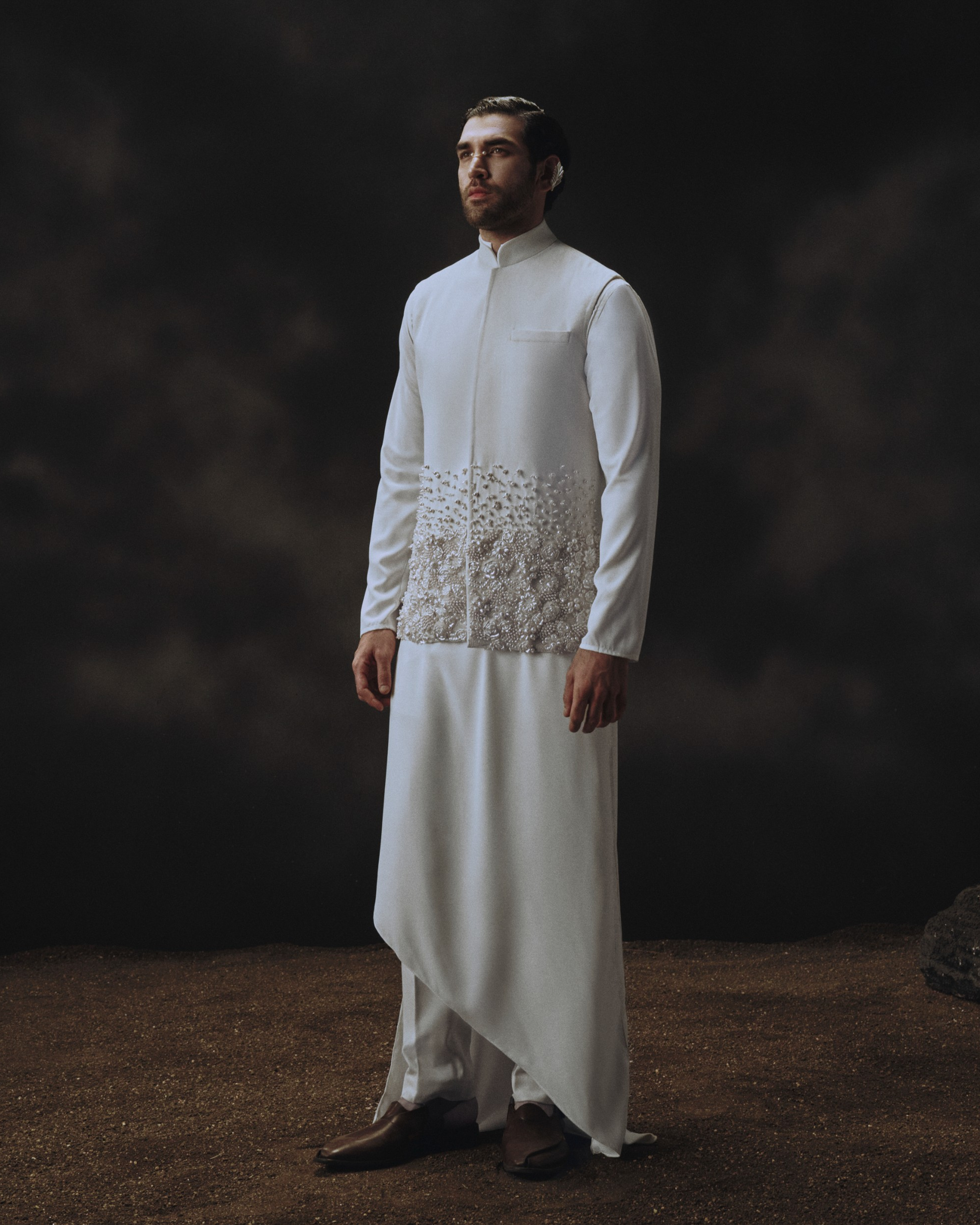 3D Embroidered Waistcoat with Diagonal Slashed Kurta + Pants