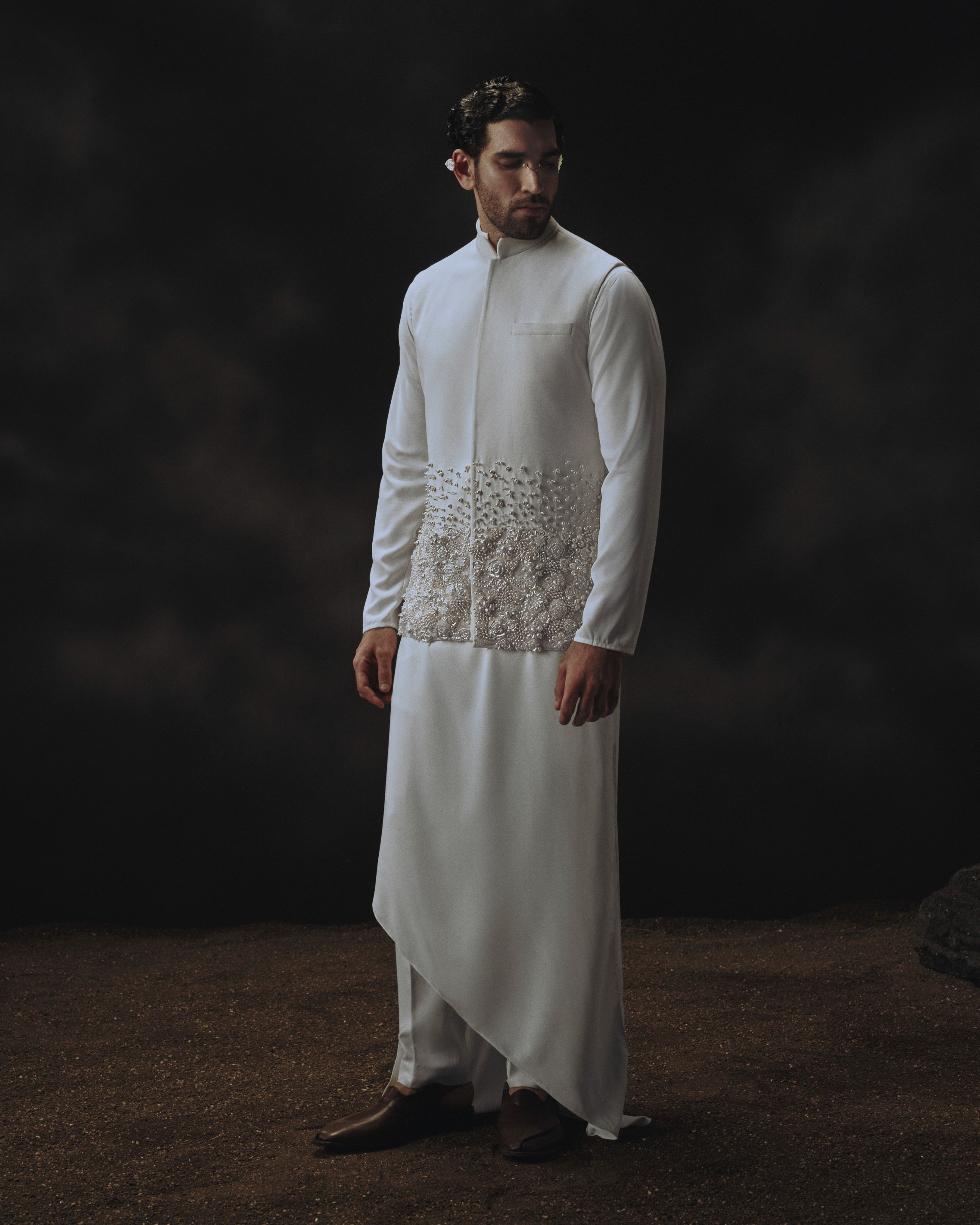 3D Embroidered Waistcoat with Diagonal Slashed Kurta + Pants