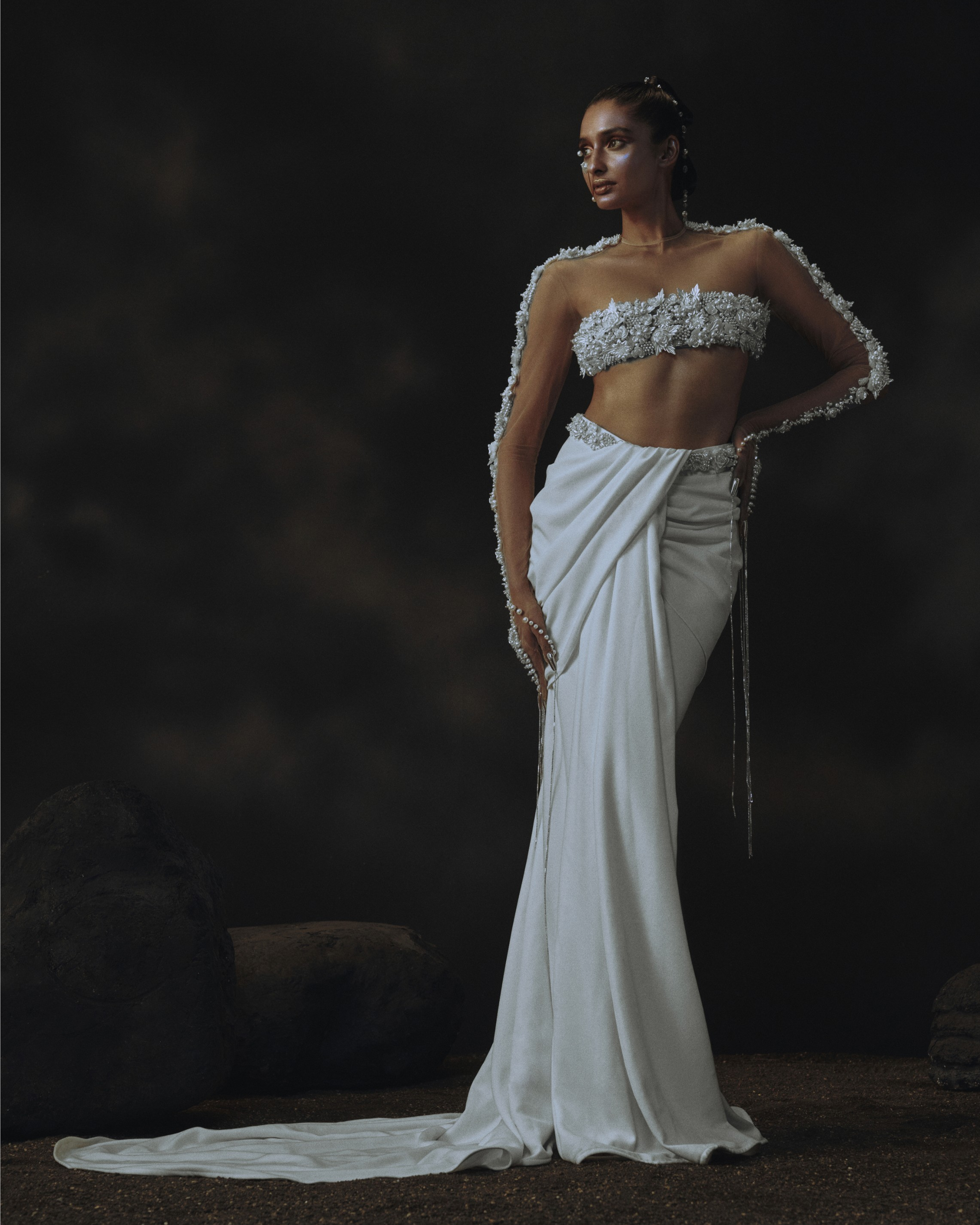 White Haath Phool Glove Sleeve Blouse + Drape Skirt