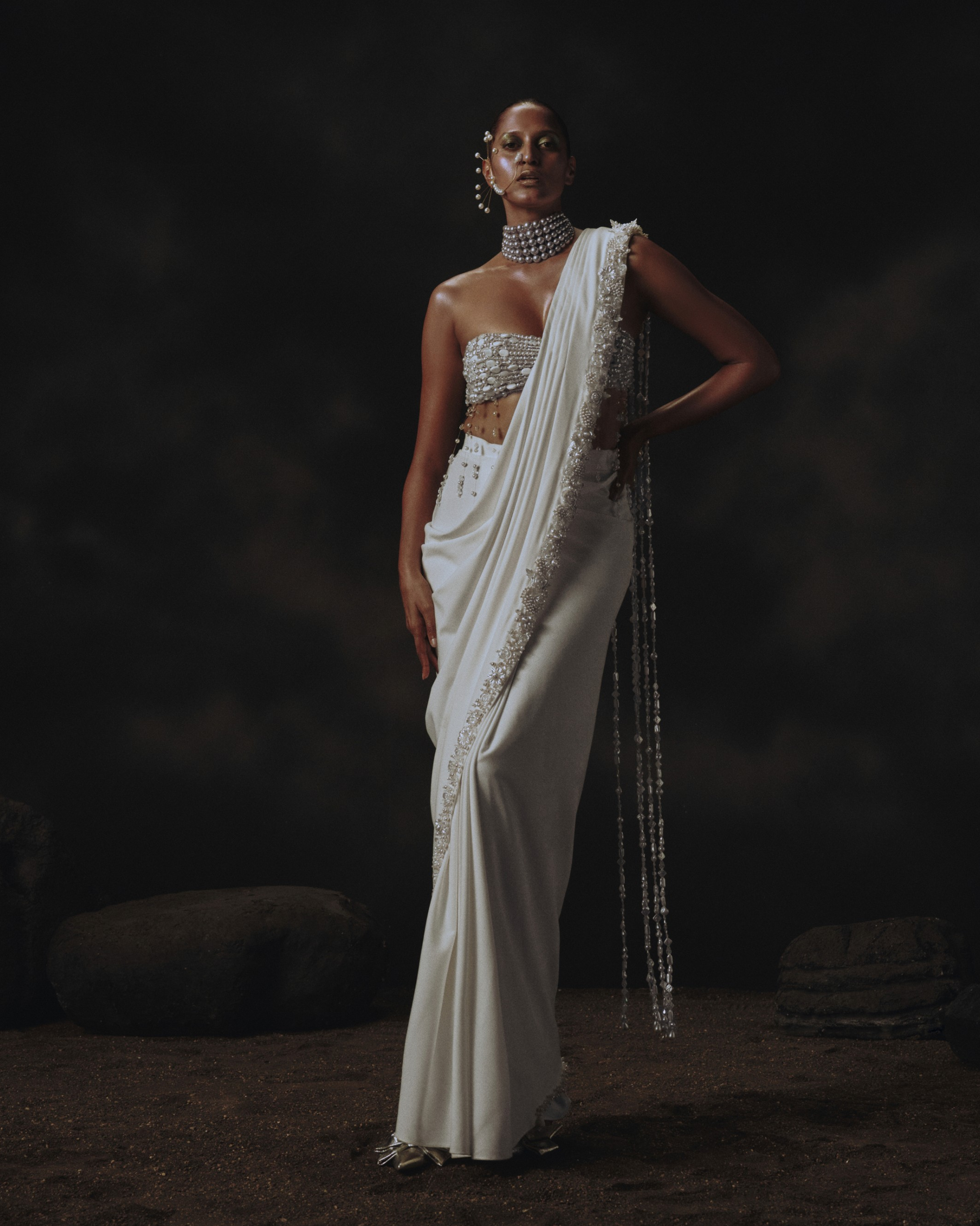Prestitched Saree with White Bead Pallu & Bustier Blouse