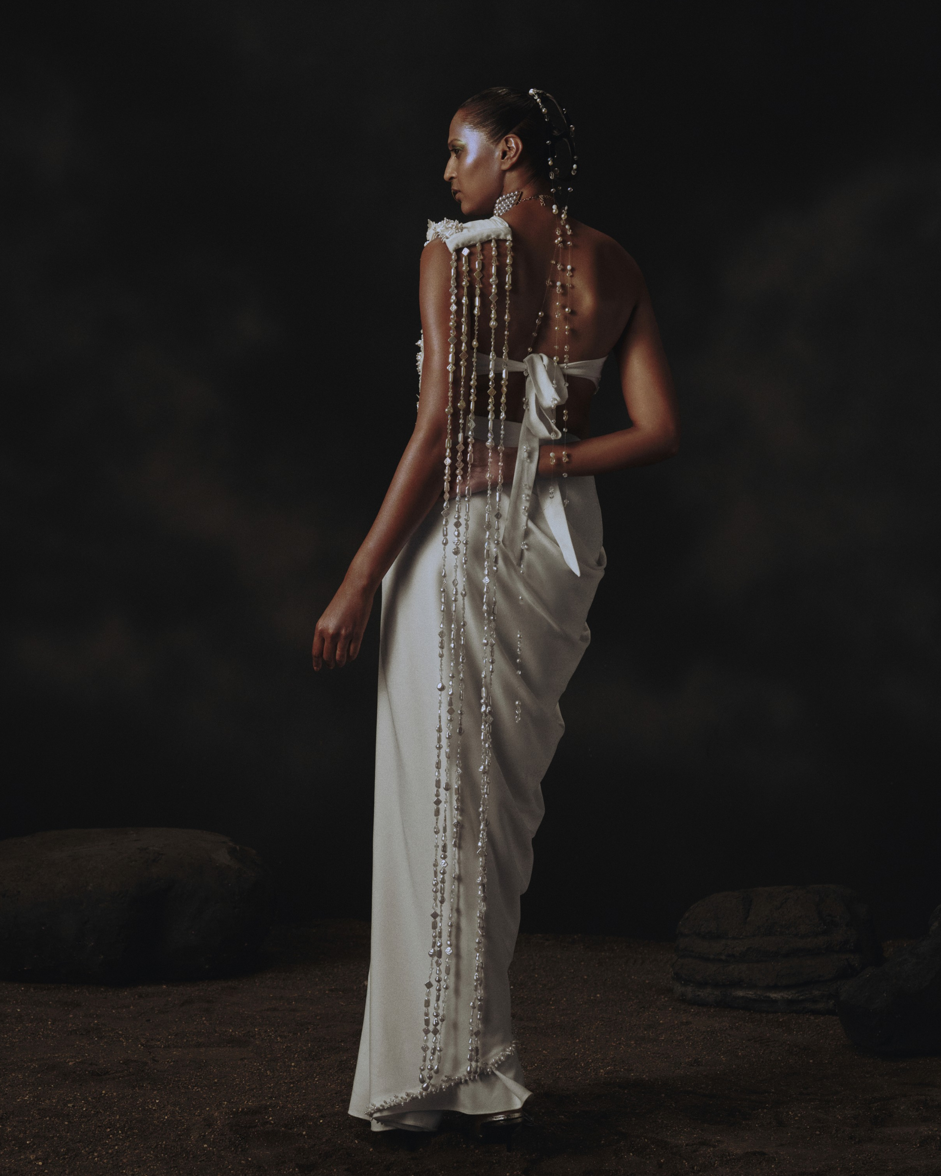 Prestitched Saree with White Bead Pallu & Bustier Blouse