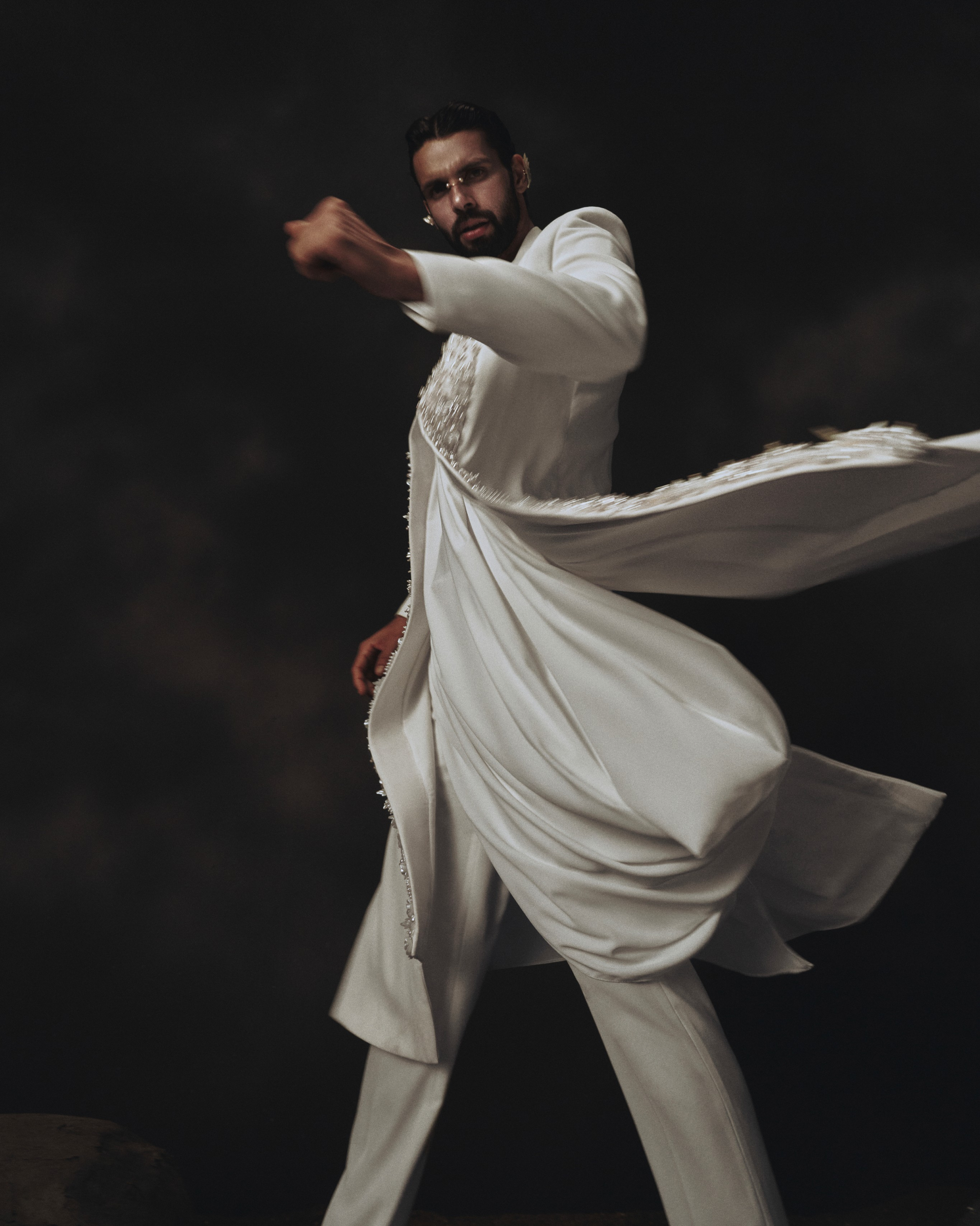 White Open Sherwani + Cowled Kurta + Pants