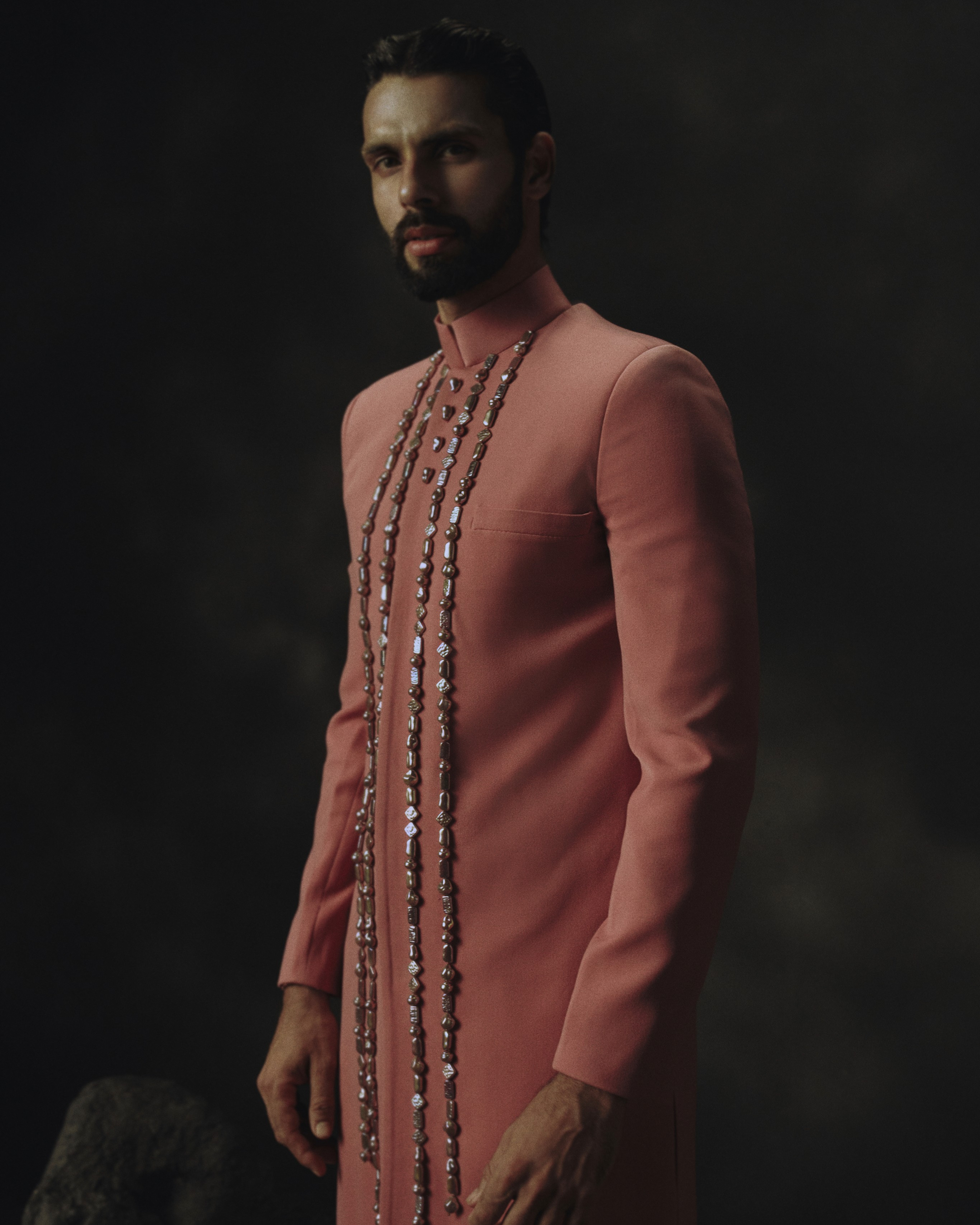 Pink Holographic Bead Embroidered Sherwani + Churidaar