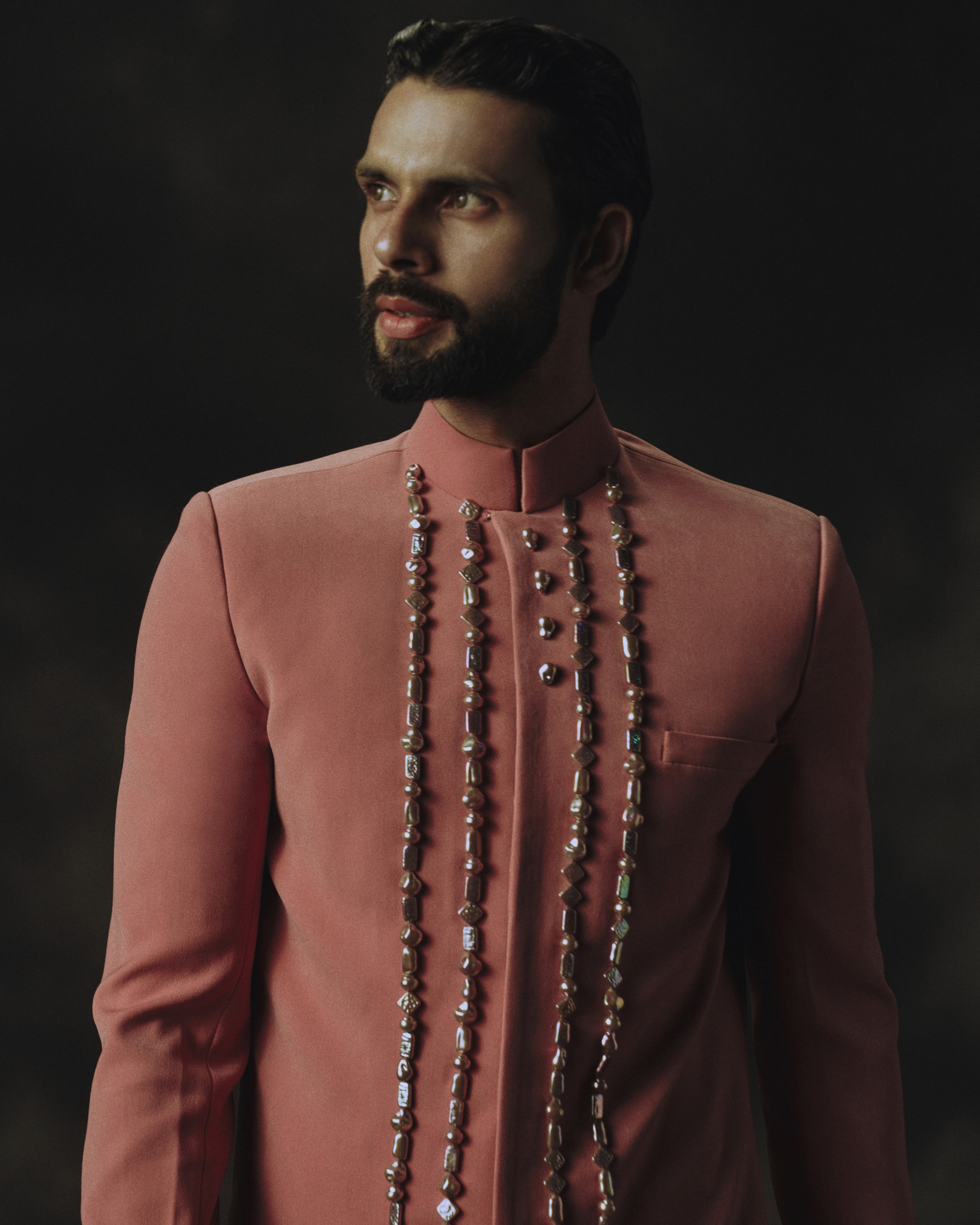 Pink Holographic Bead Embroidered Sherwani + Churidaar