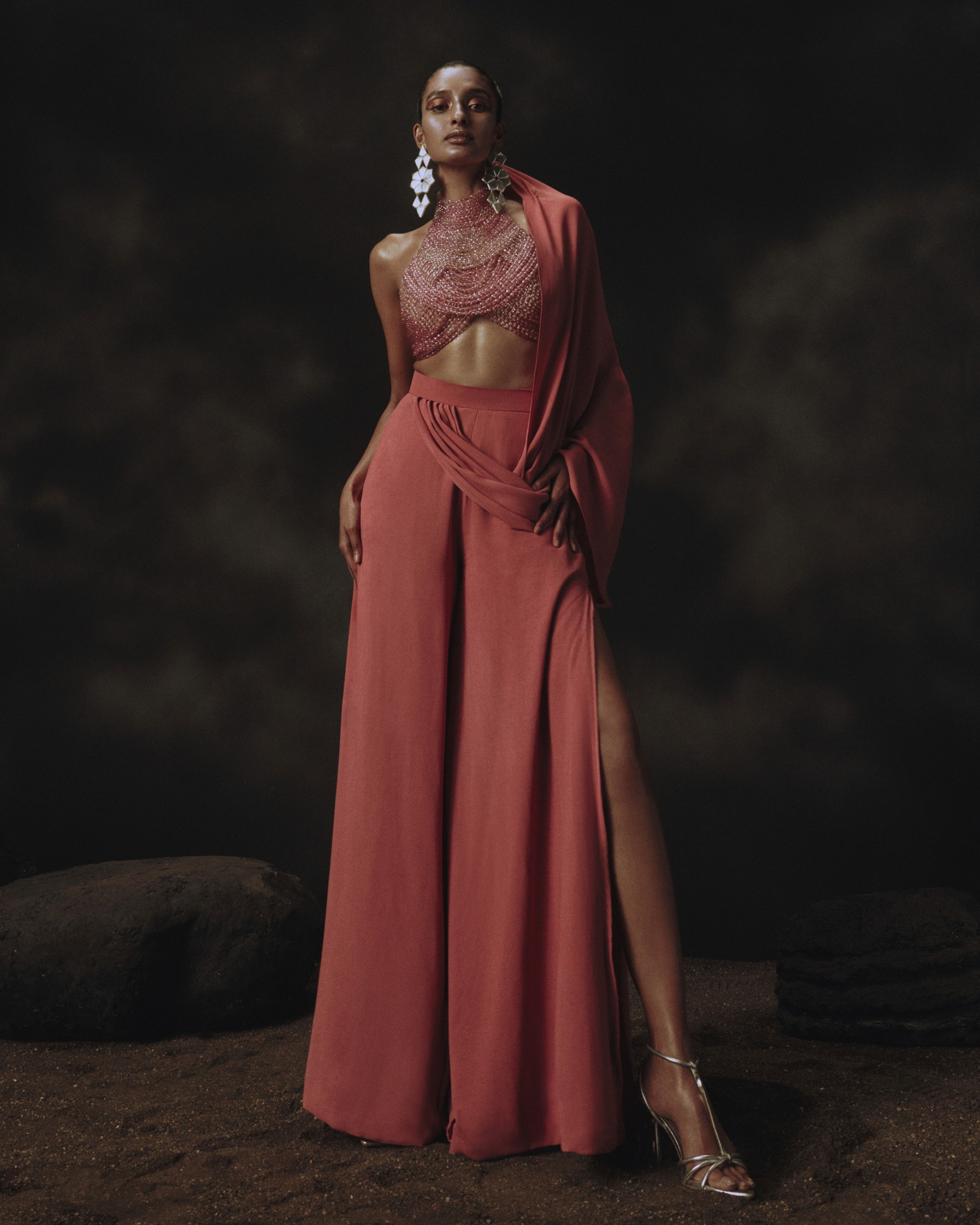 Pink Ombre Bead Blouse + Palazzo Pants with Attached Pallu