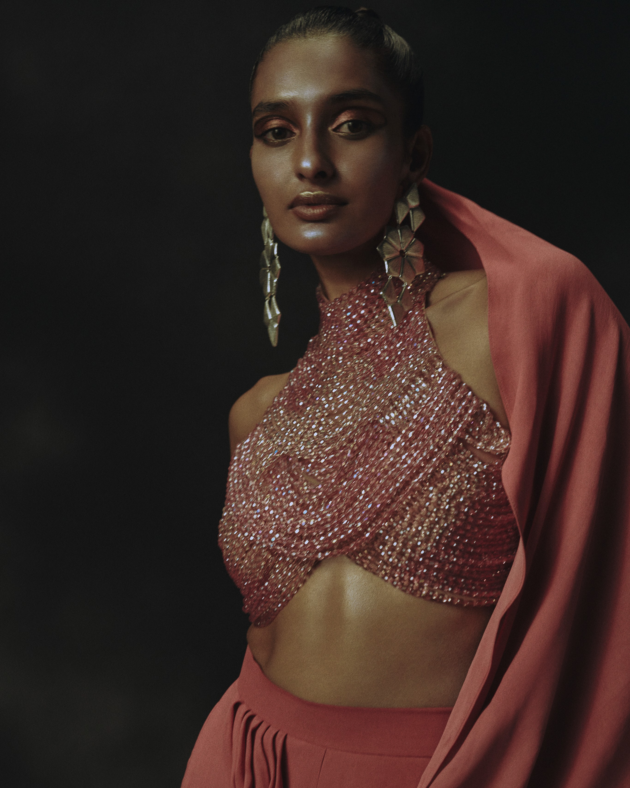 Pink Ombre Bead Blouse + Palazzo Pants with Attached Pallu