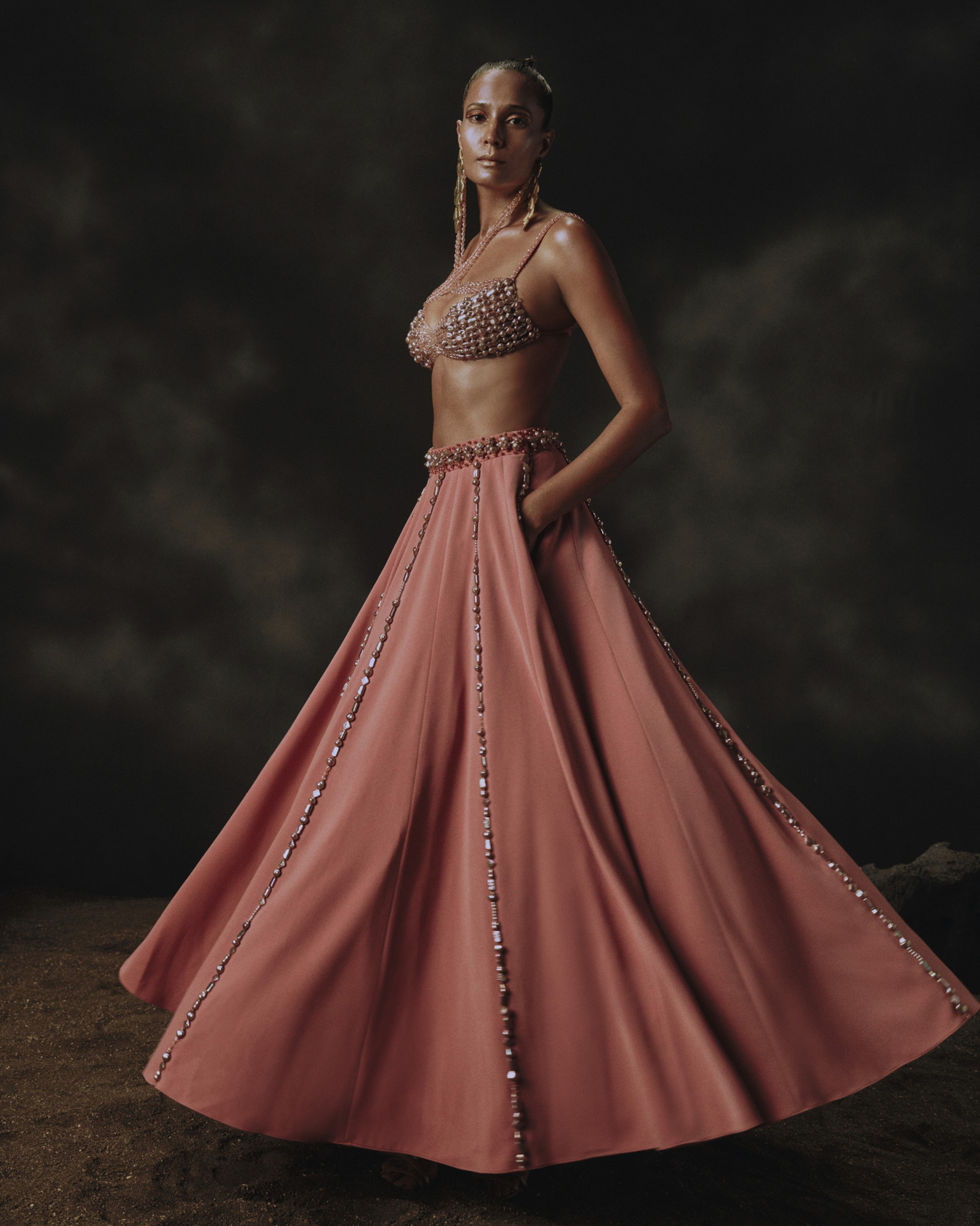 Pink Holographic Bead Blouse with Multipurpose Straps + Lehenga