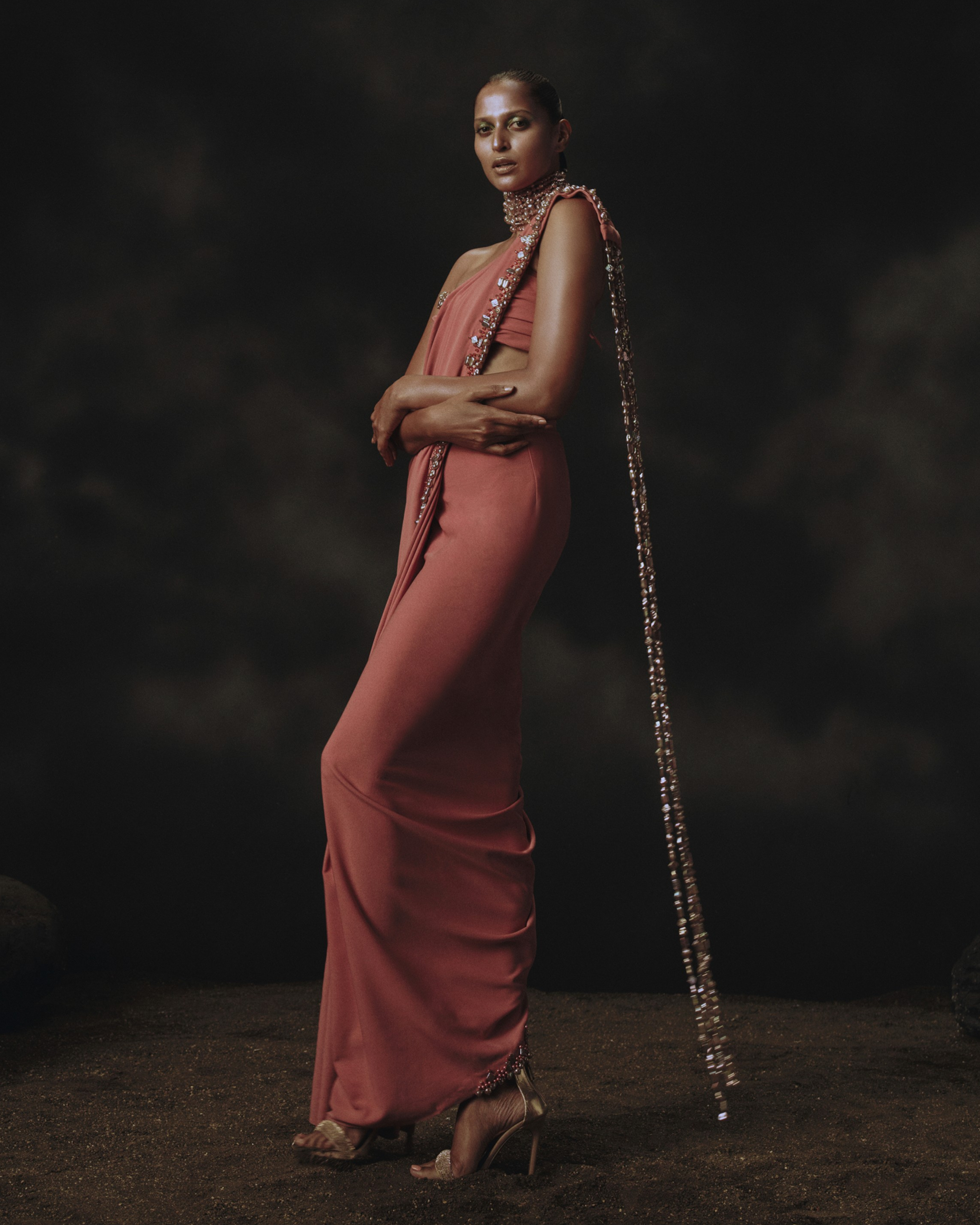 Pink Prestitched Holographic Bead Pallu Saree Set